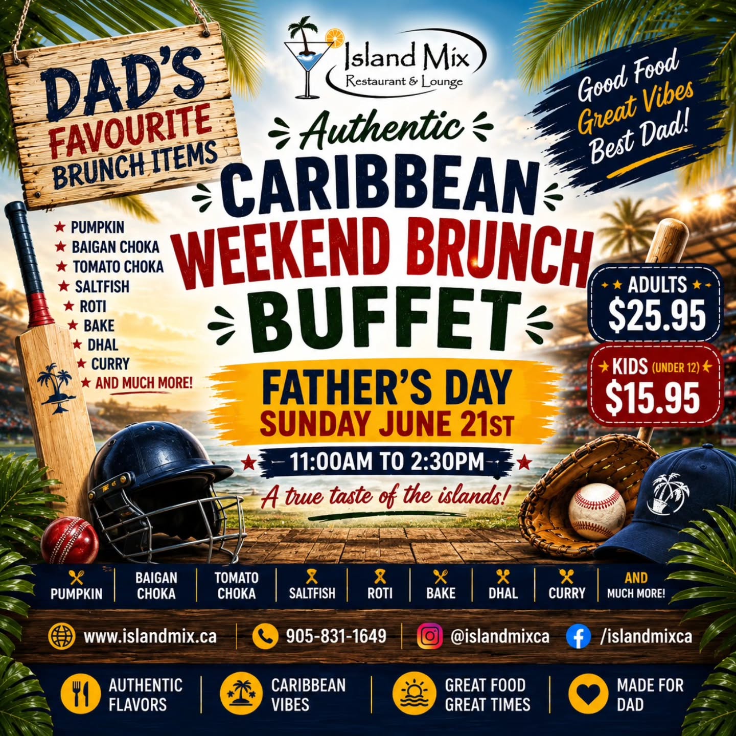 ๐โพ DAD'S FAVOURITE BRUNCH! โพ๐
Celebrate Fatherโs Day the Caribbean way at Island Mix Restaurant & Lounge!
Treat Dad to our Authentic Caribbean Weekend Brunch Buffet featuring all his favourite island dishes.
๐
Sunday, June 21st
โฐ 11:00 AM โ 2:30 PM
Brunch Items Include:
โ Pumpkin
โ Baigan Choka
โ Tomato Choka
โ Saltfish
โ Roti
โ Bake
โ Dhal
โ Curry
โ And Much More!
๐ฒ Adults: $25.95
๐ฒ Kids Under 12: $15.95
Bring the entire family and enjoy authentic Caribbean flavours, great vibes, and a Father's Day celebration Dad will love!
๐ Island Mix Restaurant & Lounge
1050 Brock Road, Pickering, ON
๐ 905-831-1649
๐ www.islandmix.ca
๐ฒ Follow us: @islandmixca
Reserve your table today!
#IslandMix #FathersDay #FathersDayBrunch #CaribbeanBrunch