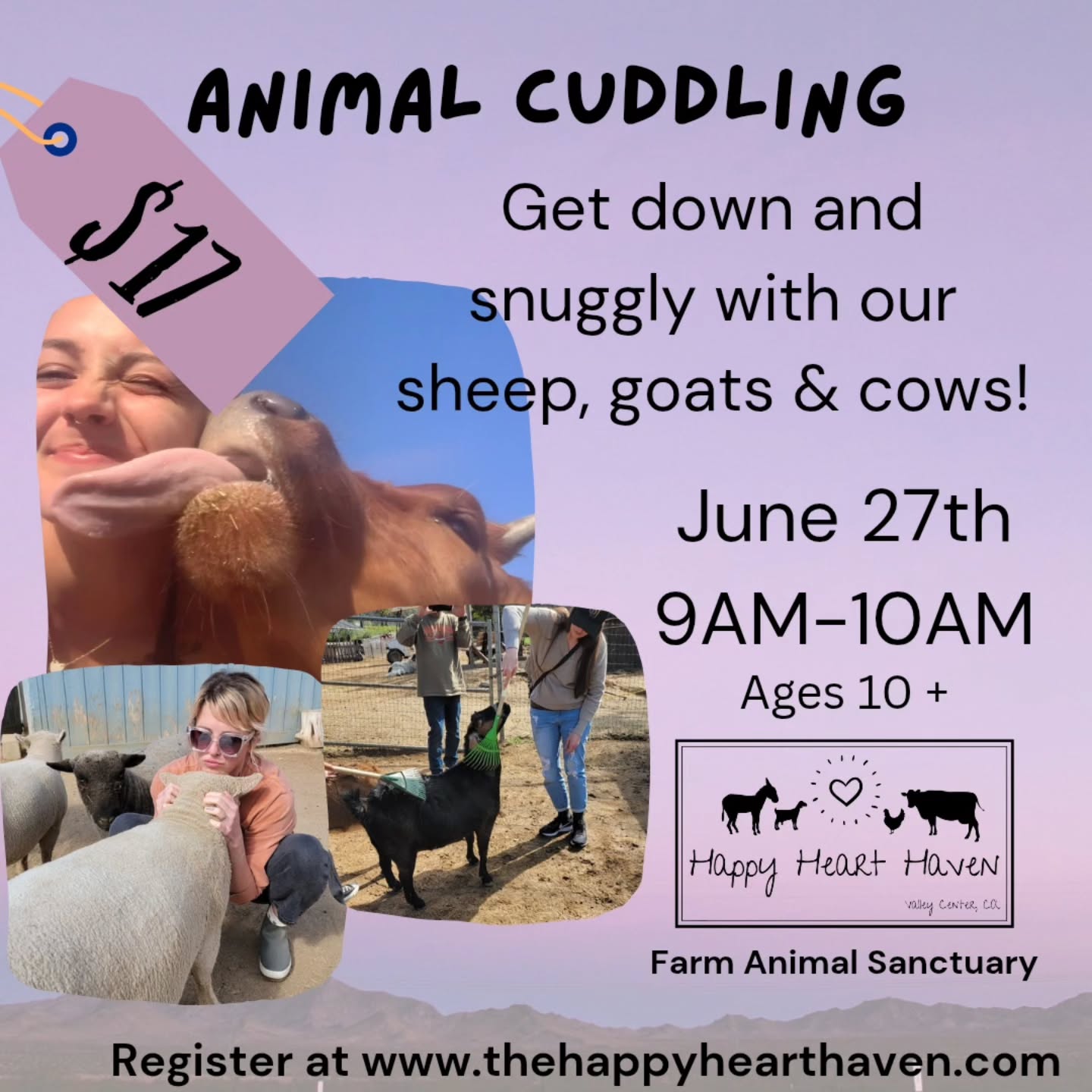 Cuddle Sheep, Goats & Cattle for only $17! Join us at our nonprofit animal rescue in Valley Center just 15 minutes East of Escondido!
June 27th 9am-10am
Please register at: Www.thehappyhearthaven.com