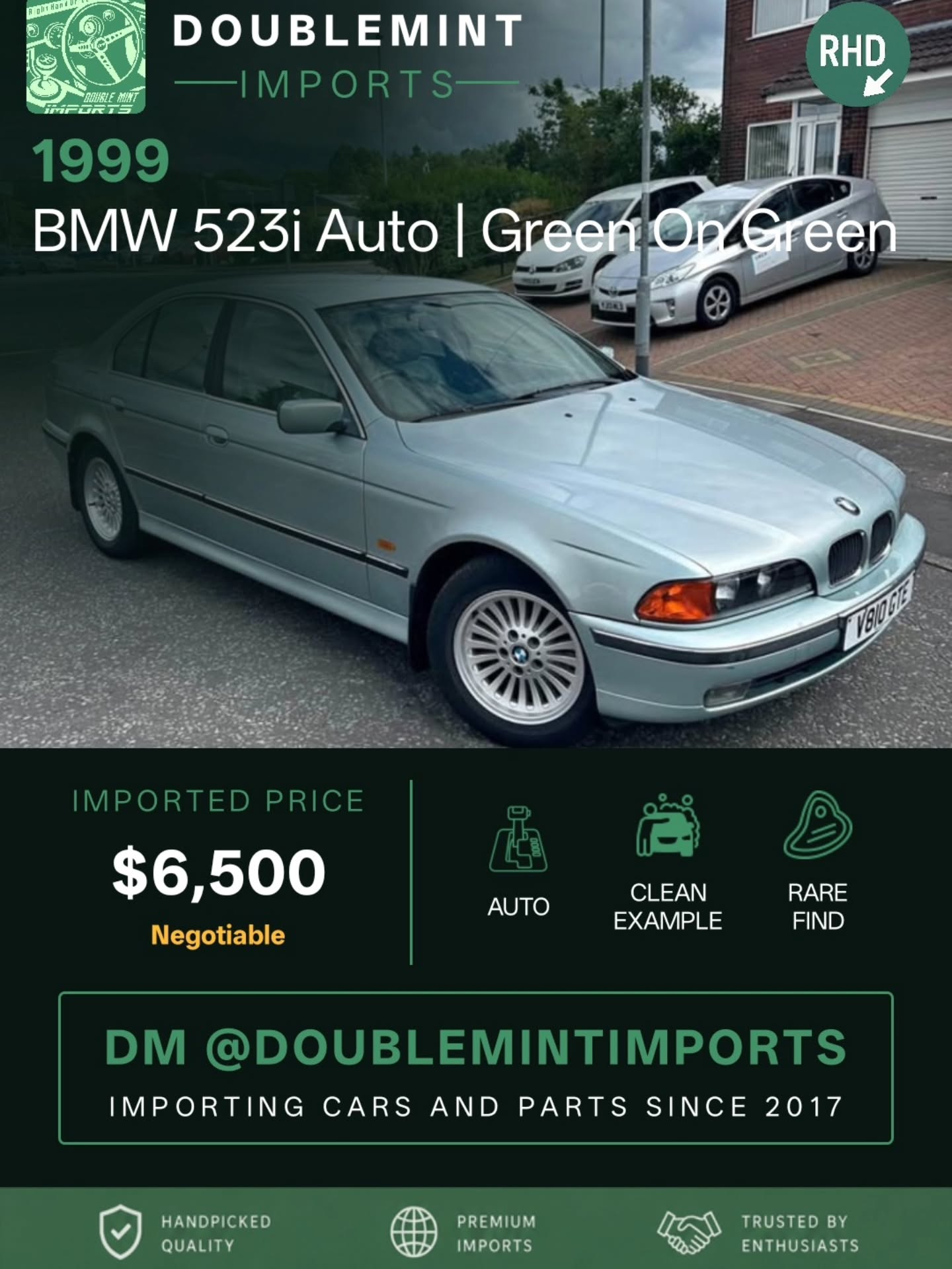 Now available:
1999 BMW 523i auto | Green on Green
📍 Mileage: 115,000
BMW 523i Auto 1999
Been with the same owner for the last 20 years.
Car drives fantastic, engine and gears are quiet and smooth.
115,000 miles.
6 months MOT, 2 Keys, detachable towbar with electrics
Rare example of a classic
Huge service history.
Some age related cosmetic marks, understandable for a 27 year old car!
Selling on behalf of grandparent.
💰 Shipped Price (UK → NY): $6,500
✅ Includes ALL fees:
• USD conversion
• Shipping
• US Customs
• UK taxes
• Admin fees
⚡ Inventory moves FAST. Serious buyers only.
🔎 Want to search your own cars? Link in bio.
📩 DM us for full details, walkaround videos, shipping info, and availability.
🌐 Visit: www.doublemintimports.com
"Cars bring people together."
#bmw #523i #bmwmafia #green #e38