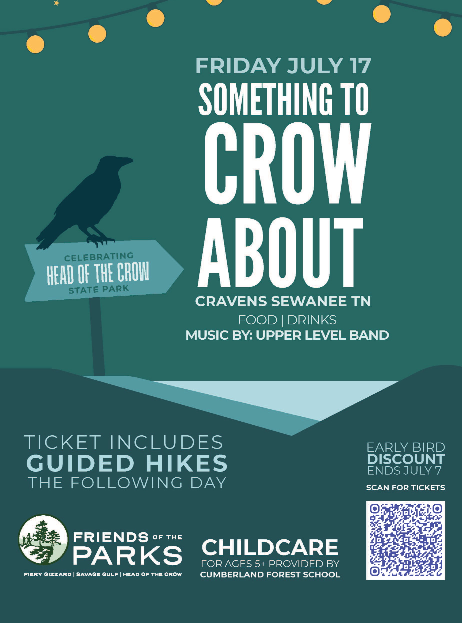 Tennessee's newest wild place deserves a celebration — and you're invited. 🌿
Something to Crow About | Friday, July 17
Hosted by Friends of the Parks
At Cravens Hall at The University of the South
Join your neighbors for an evening of heavy hors d'oeuvres, beer, wine, and live music by Upper Level. Mingle with friends and neighbors as you browse various displays with maps and information about the new park, future plans, and all the ways Friends of the Parks supports our shared public lands.
🎶 7:00pm – Mingle & browse park displays
📣 7:45pm – Brief remarks
💃 8:00–10:00pm – Dancing at Cravens
Bonus: Your ticket includes a guided hike or adventure in the park on Saturday July 18!
Kids welcome and child care is available for ages 5+ through Cumberland Forest School ($25/child).
Early bird discount available through July 7. Use code EARLYBIRD at checkout.
Come celebrate. Stay inspired! https://bit.ly/CrowAbout