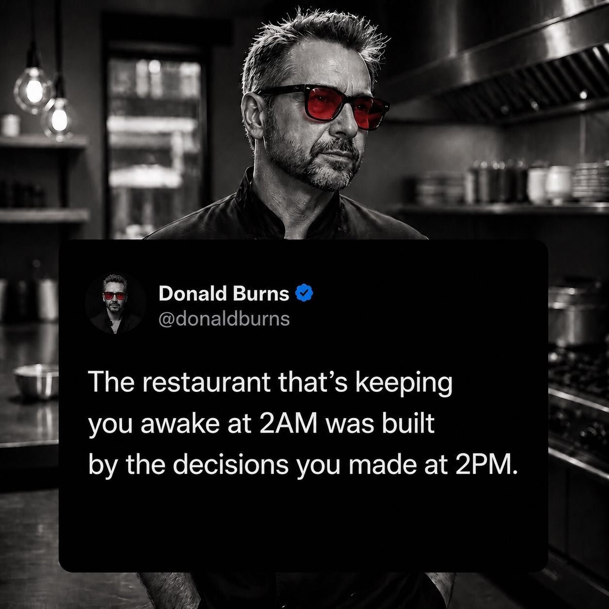 Most restaurant owners think the thing keeping them awake at 2AM is labor.
Or food cost.
Or sales.
It’s not.
The restaurant that’s keeping you awake at 2AM was built by the decisions you made at 2PM.
Every ignored guest complaint.
Every hiring shortcut.
Every delayed conversation.
Every missing system.
Every number you didn’t look at.
Every standard you chose not to enforce.
Restaurants rarely collapse from one catastrophic event.
They slowly drift into chaos through hundreds of small decisions made when nobody was paying attention.
The good news?
The opposite is also true.
The restaurant you want is built the same way.
One better decision.
One stronger standard.
One difficult conversation.
One disciplined action at a time.
Your future restaurant is being built right now.
The only question is:
What are you building at 2PM that you’ll be forced to live with at 2AM?
— db