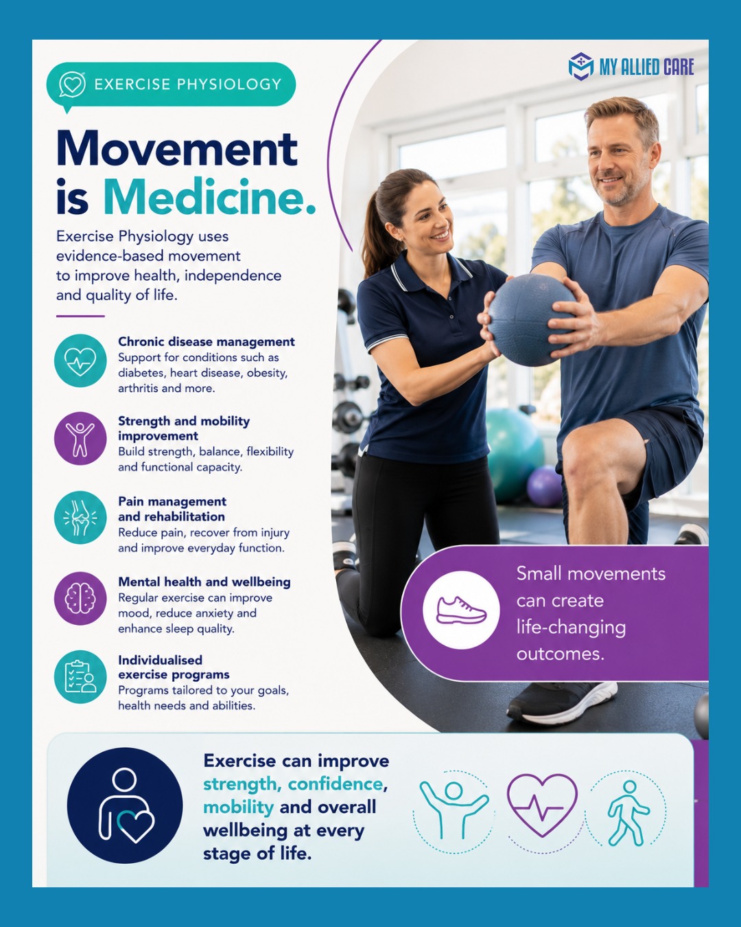 ๐ช What if exercise was prescribed like medicine?
For many Australians living with chronic conditions, injury, pain, or disability, that's exactly what Exercise Physiology is.
Exercise Physiologists use evidence-based movement programs to help people:
โจ Improve mobility
โจ Manage chronic health conditions
โจ Reduce pain
โจ Build strength and confidence
โจ Improve mental wellbeing
โจ Maintain independence
At My Allied Care, our Exercise Physiologists create personalised programs designed around your goals, abilities, and health needs.
๐ In our latest blog, we explore how movement can become one of the most powerful tools for improving long-term health and quality of life.
Read the full blog via the link: https://www.myalliedcare.com.au/post/exercise-physiology-movement-as-clinical-treatment
โ
๐ป ๐๐๐๐ ๐ ๐๐๐๐๐๐๐/๐๐๐
๐๐๐๐๐ โก๏ธ https://www.myalliedcare.com.au/referrals
๐ (02) 9199 5548
โ
#MyAlliedCare #ExercisePhysiology #ExerciseIsMedicine #AlliedHealth #ChronicDiseaseManagement #NDIS #HealthyAgeing #Mobility #Rehabilitation #MentalHealth #Wellbeing #MovementMatters