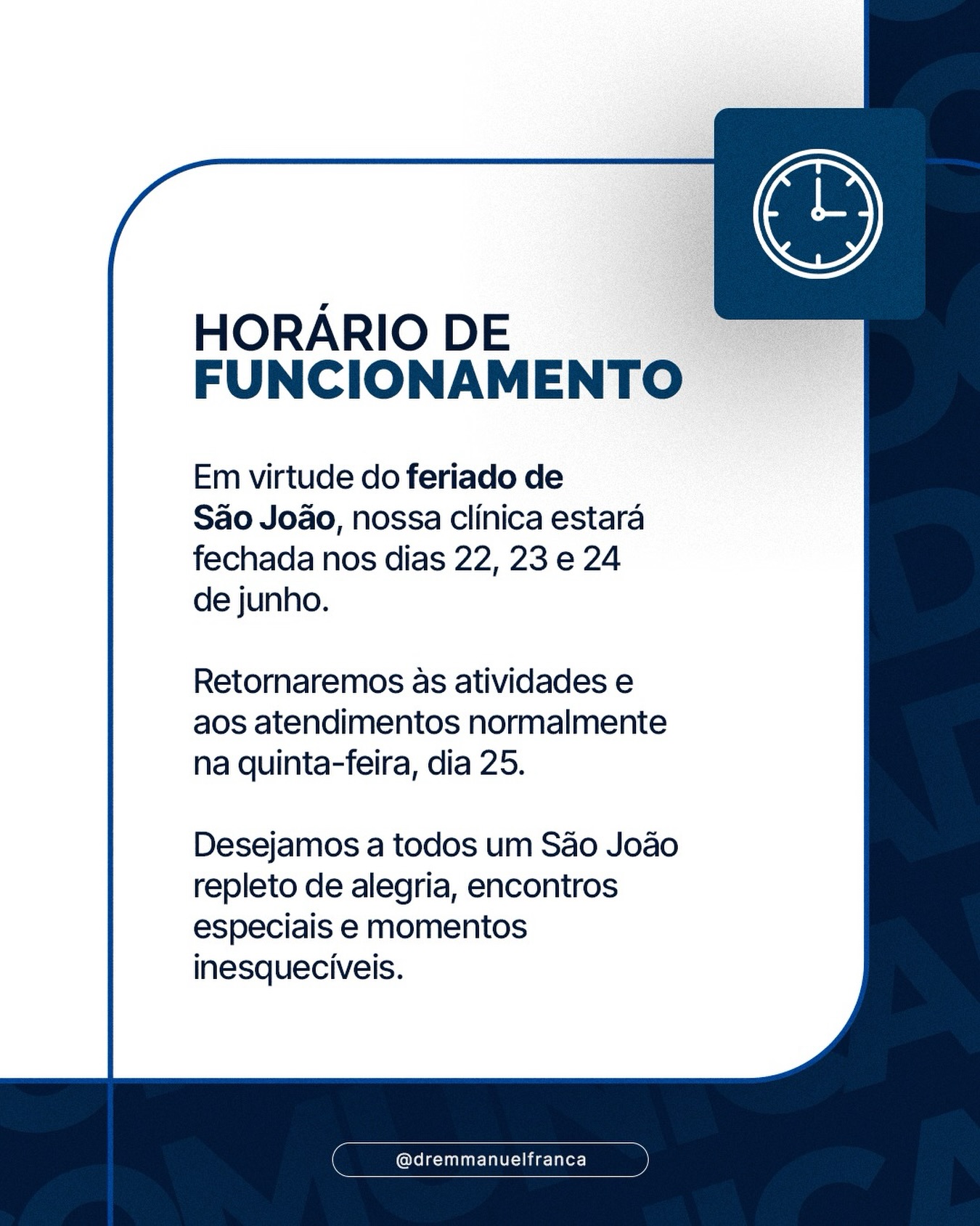 Entrando no clima do São João, informamos uma pequena pausa na nossa agenda de atendimentos.
Nossa clínica estará fechada nos dias 22, 23 e 24 de junho, e retomaremos as atividades normalmente na quinta-feira, dia 25.
Aproveite esse período para celebrar, descansar e criar boas memórias, mas sem esquecer dos cuidados com a sua pele: mantenha a hidratação, use protetor solar e aproveite a festa com equilíbrio. 💙🌽🔥
Desejamos a todos um São João repleto de alegria, encontros especiais e momentos inesquecíveis. Nos vemos em breve!
Dr Emmanuel França
Dermatologista
CRM 5999
RQE 636
