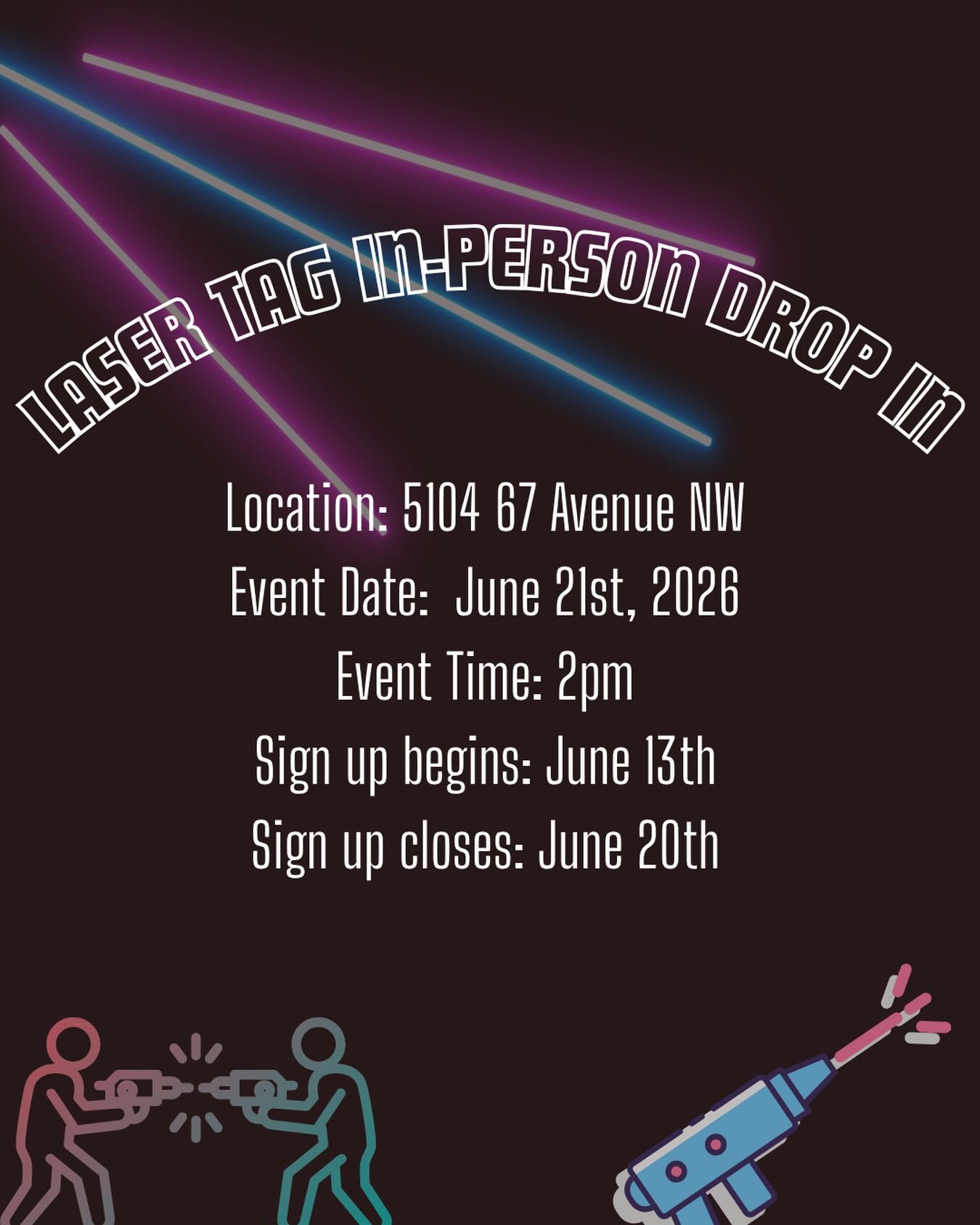 🎯 Laser Tag Drop is here! Gather your squad and get ready for an epic battle. Sign up before June 20! 🔥⚡
#lasertag #dropin #youth #laserbattle #yeg