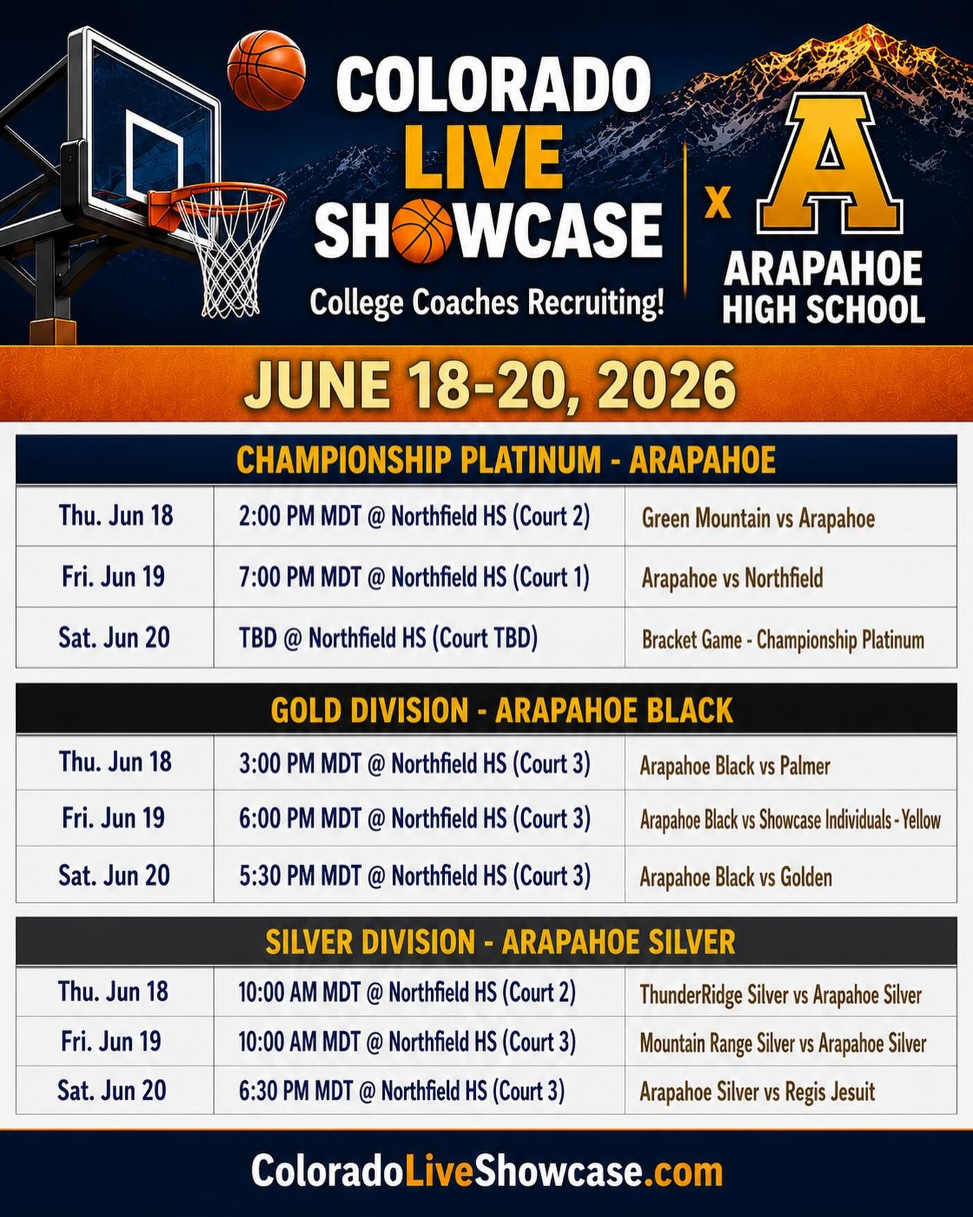 🏀 Weekend Tournament Schedule 🏀
Elite competition this weekend at @coloradolive_ss as the Warriors take on some of Colorado’s top programs.
📍 Northfield High School
📅 June 18–20
🎓 College coaches recruiting
Come support Arapahoe Girls Basketball as all three teams compete in the Colorado Live Showcase!
#ArapahoeGirlsBasketball #ArapahoeWarriors #ColoradoLiveShowcase #ColoradoBasketball #GirlsBasketball RecruitingLive WarriorPride