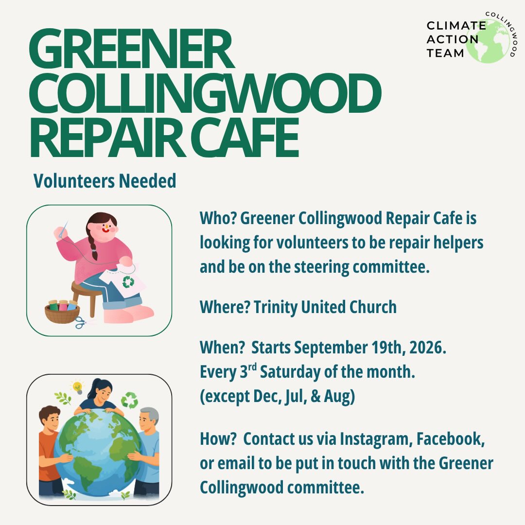 Greener Collingwood Repair Cafe is an amazing opportunity to get involved in helping your community, building connections, and bettering the environment.
The Repair Cafe is looking for volunteers with a variety of skills to help with repairs, as well as individuals interested in joining the steering committee.
We hope to see you there! Reach out to us via Instagram, Facebook, or email for more details and to get connected with the Repair Cafe committee. ๐๐ซ
#supportcollingwood #repaircafe #collingwoodlife
