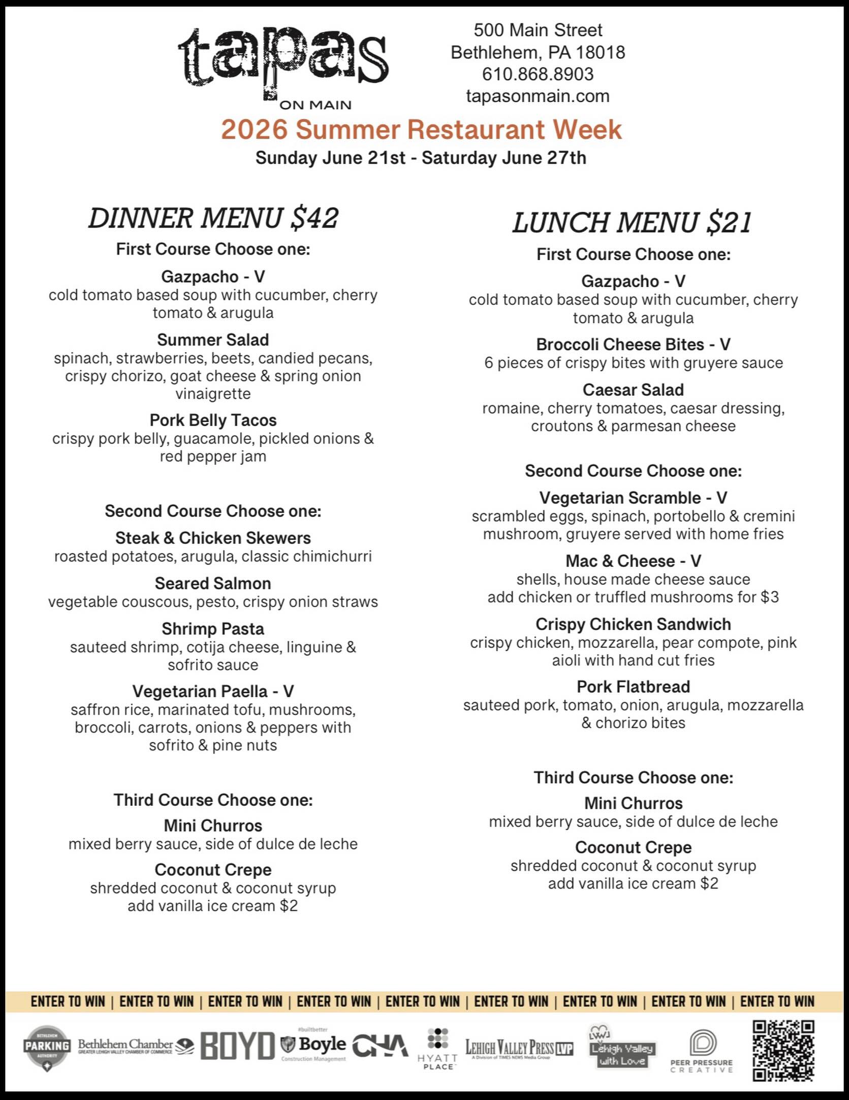 Restaurant Week begins Sunday π₯ come see us! Reservations available #visithistoricbethlehem #restaurantweek #tapasandsangria