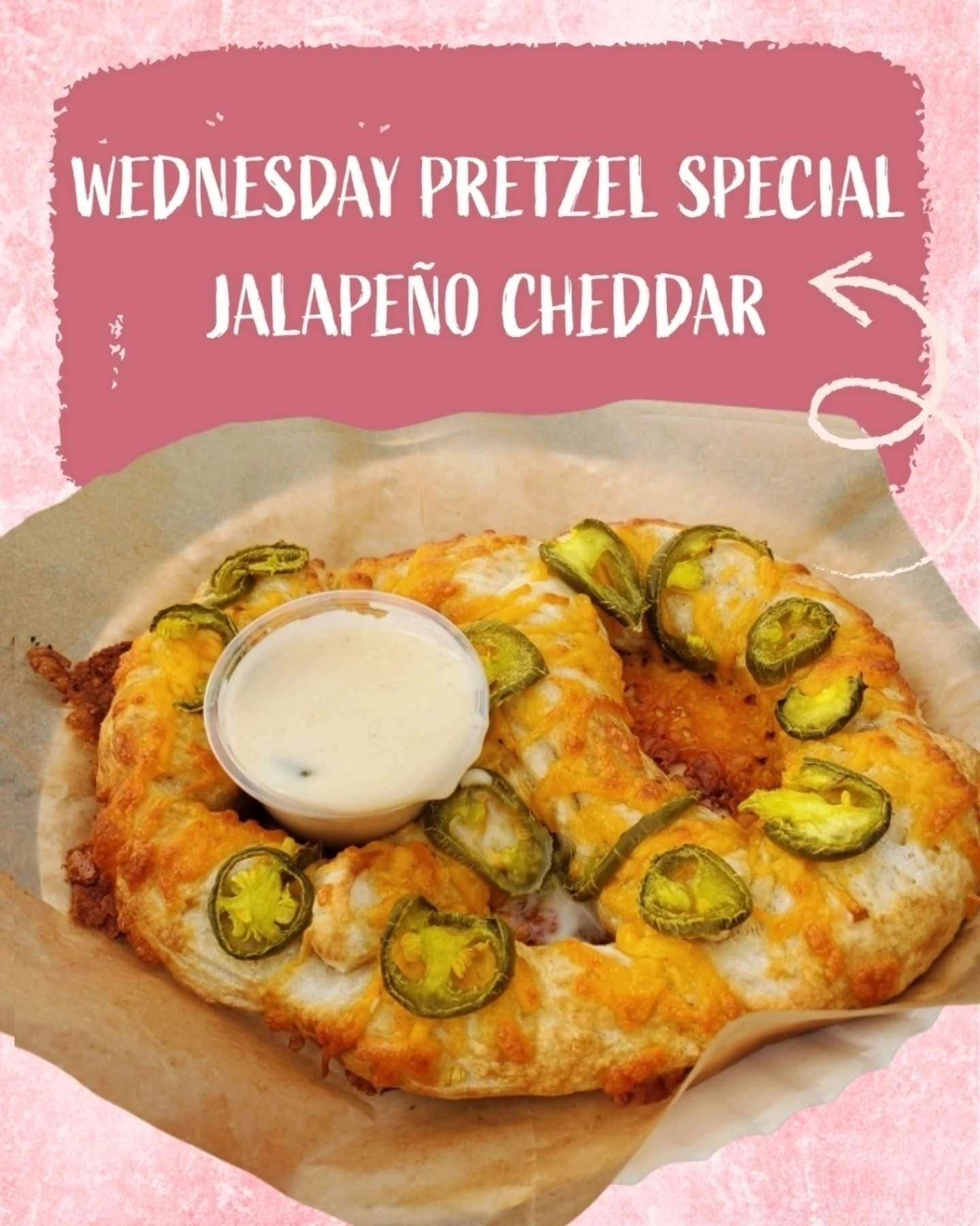 Wednesday Pretzel Special!! Today's special pretzel is our Jalapeño Cheddar! Cheddar cheese and spicy jalapeños baked onto our homemade pretzel. Served with your choice of dip! All pretzels are $5 today from 12p-5p, including our Original, Garlic Parmesan, and Cinnamon Sugar. Come see us and enjoy this beautiful day on our patio!
South Knox- 106 E Young High Pike, Knoxville
Mon-Thurs (12p-9p)
Fri-Sat (12p-10p)
Closed Sunday
Belltown- 4523 Market Bell Way, Powell
Mon-Thurs (12p-10p)
Fri-Sat (12p-11p)
Sunday (2p-8p)
#Knoxville #knoxfood #knoxvilletn #knoxlocal #knoxeats