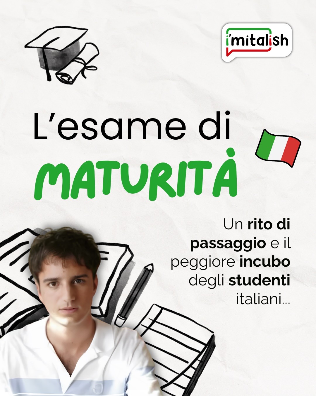 🎶 Notteeee prima degli esaaaamiii 🎶
📚 L’esame di maturità è un vero e proprio rito di passaggio per gli studenti di italiani… ma è anche la fonte di tanti incubi! 😅
👉🏼 La sua struttura è cambiata un po’ negli ultimi anni. Io (Giorgia) ho fatto l’esame di maturità nel 2011 e avevo tre prove scritte, invece che due, e l’esame orale era su tutte le materie (circa 10) mentre oggi si fa solo su quattro! Che fortunati 🥲
La carica emotiva di questo esame è così forte che è stata spesso rappresentata in canzoni e film, come ad esempio:
🎶 la famosissima canzone di Antonello Venditti ‘Notte Prima Degli Esami’
🎬 film iconici come ‘Notte prima degli esami’ (2006) che prende il nome proprio dalla canzone e ‘Immaturi’ (2011).
👉🏼 Esiste qualcosa di simile nel tuo Paese? Come funziona? Qual è stata la tua esperienza? Raccontaci! ⬇️
📮 E non dimenticare di commentare la parola NEWSLETTER per ricevere in automatico il link per accedere alle nostre lezioni gratuite della domenica! La scorsa domenica abbiamo parlato proprio della maturità!
🇮🇹 I’MITALISH - Where Italian Comes to Life
#learnitalian #italianlife #italianculture #italianforforeigners #italianlanguage
🏷️ Lezioni di italiano, Cultura Italiana, Vita italiana, Esame di maturità, Maturità italiana, Italiano per Stranieri