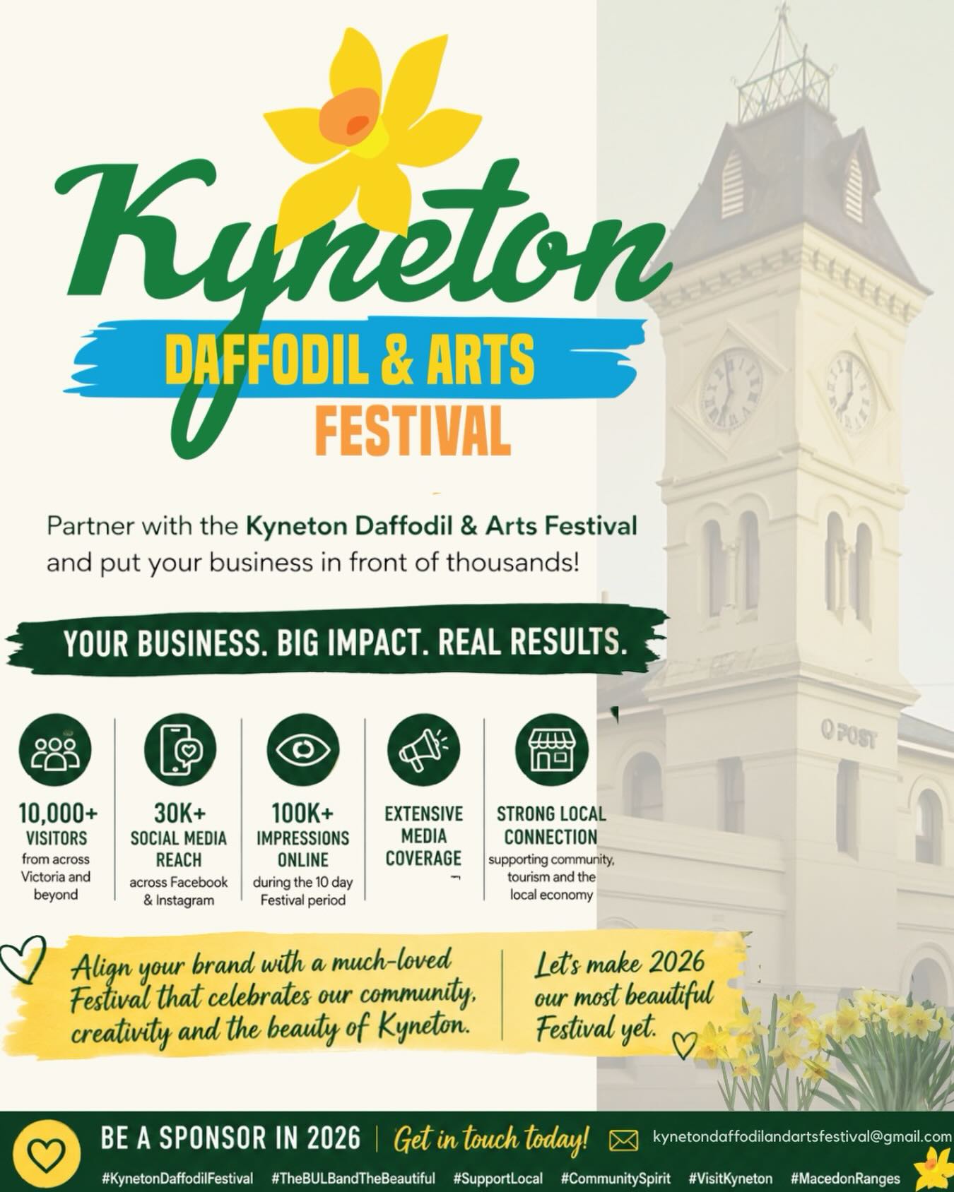 🌼 Become Part of Something Beautiful 🌼
We’re currently seeking sponsors for the 2026 Kyneton Daffodil & Arts Festival – The BULB and the Beautiful.
Why get involved?
🌟 Reach more than 10,000 visitors from across Victoria and beyond
🌟 Benefit from more than 100,000 online impressions during the Festival period
Our small volunteer committee works year-round to deliver ten vibrant days of arts, gardens, entertainment and community celebration that brings thousands of people to Kyneton and the Macedon Ranges.
If you’d like to align your business with one of the region’s most loved festivals, we’d love to hear from you.
📧 kynetondaffodilandartsfestival@gmail.com
Together, let’s make 2026 our most beautiful Festival yet.
#KynetonDaffodilFestival #TheBULBandTheBeautiful #MacedonRanges #SupportLocal #FestivalSponsor VisitKyneton
