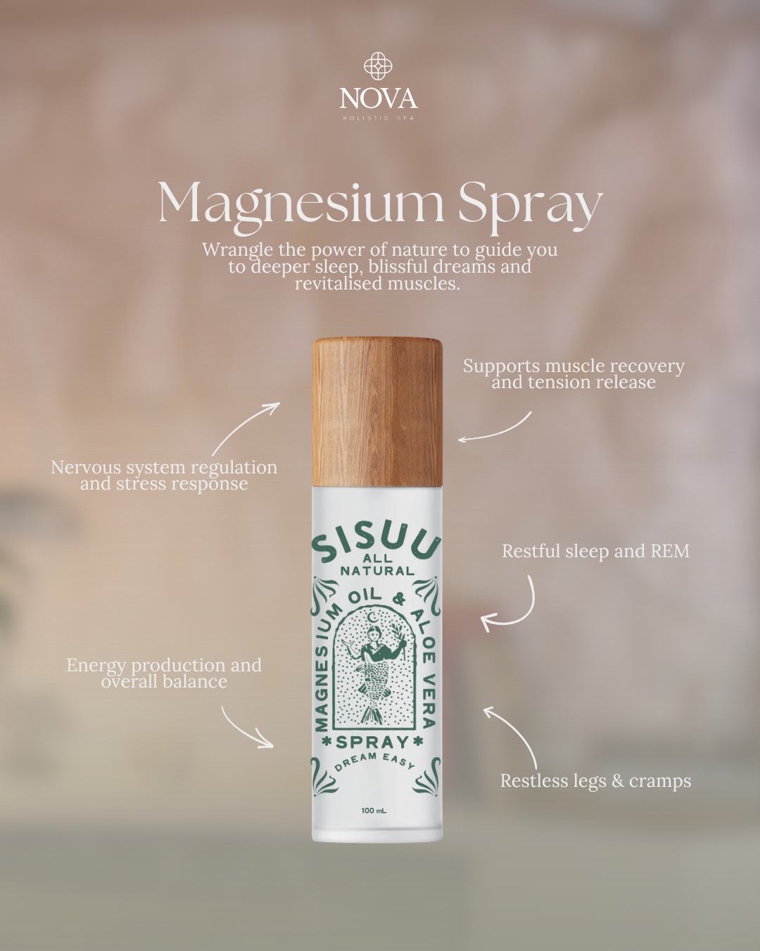 Wired but tired? Restless legs at night, tension that won't quite let go, sleep that never feels deep enough?
Magnesium is often the missing piece. Known as the mineral of calm, it plays a role in hundreds of processes in the body, from muscle recovery to nervous system regulation to restful sleep.
Many of us are quietly running low without realising.
We now stock the SISUU Magnesium Recovery Spray here at Nova. A 50% magnesium chloride blend with aloe vera, applied straight to the skin so it absorbs where your body needs it. Non-sticky, fragrance-free and gentle enough for sensitive skin.
Spray onto feet or areas of tension as part of your evening wind down, or after movement to support recovery. A simple ritual, easily folded into the everyday. ✨
Pop in and pick one up on your next visit.
#NovaHolisticSpa #MagnesiumSpray #NervousSystemSupport #TheMineralOfCalm #HobartWellness #RestAndRecovery #SISUU