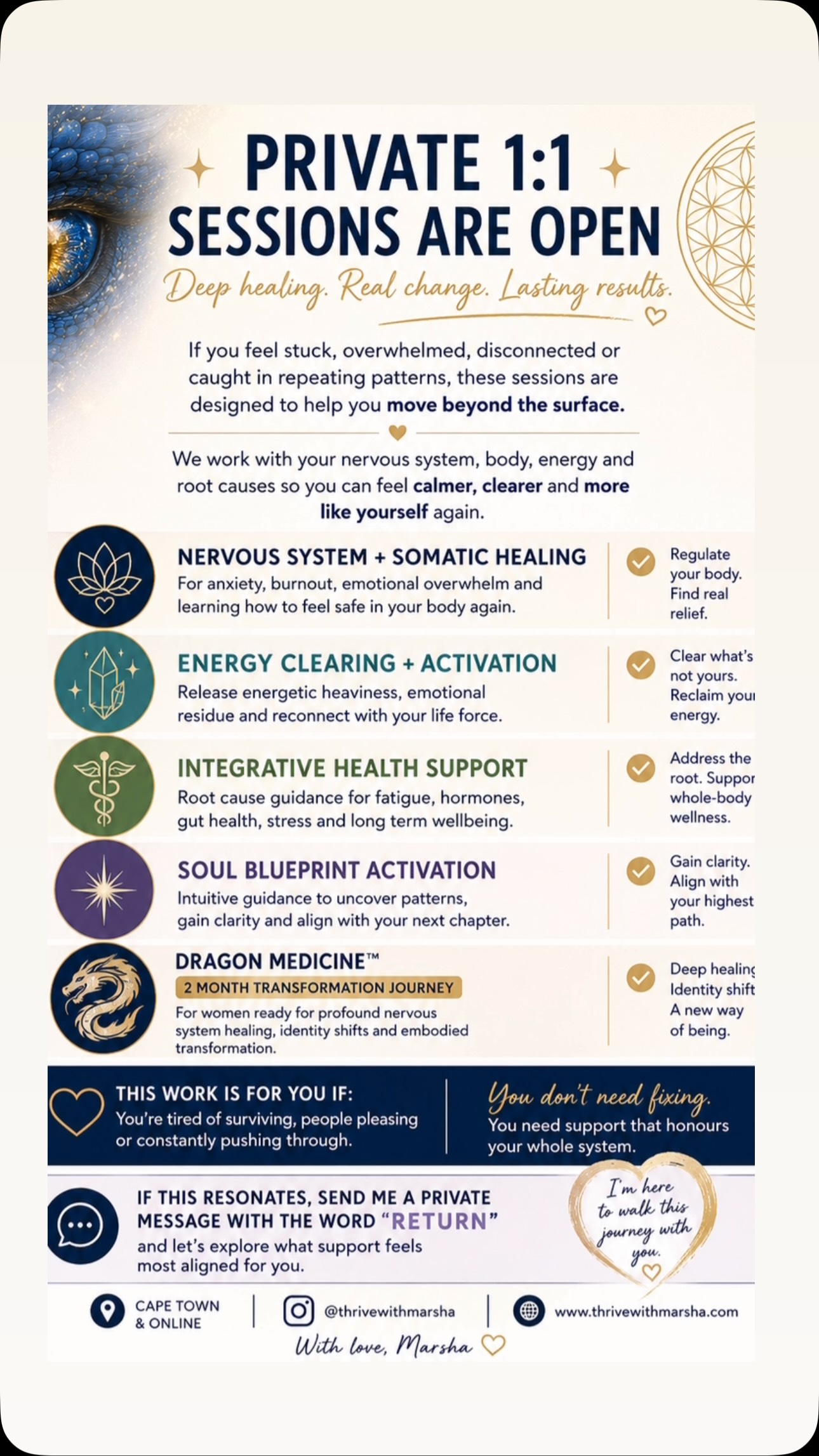 ⨠NEW PRIVATE 1:1 SESSIONS ARE OPEN āØ
If youāve done the inner work but still feel stuck, overwhelmed, disconnected or caught in repeating patterns, these sessions are designed to help you move beyond the surface.
Together, we work with the nervous system, the body, energy and root causes so you can feel calmer, clearer and more like yourself again.
Current offerings:
š² Nervous System + Somatic Healing
For anxiety, burnout, emotional overwhelm and reconnecting with your body.
⨠Energy Clearing + Activation
Release stagnant energy, emotional heaviness and reconnect with your life force.
šæ Integrative Health Support
Root cause guidance for hormones, gut health, fatigue, stress and overall wellbeing.
ā Soul Blueprint Activation
Intuitive guidance to uncover patterns, gain clarity and align with your next chapter.
š„ Dragon Medicineā¢ļø
My signature 2 month container for women ready for deep identity shifts, nervous system healing and profound transformation.
This work is for you if youāre tired of surviving, people pleasing or constantly pushing through.
You donāt need fixing.
You need support that honours your whole system.
If this resonates, send me a private message with the word āRETURNā and letās explore what support feels aligned for you.
With love,
Marsha
@thrivewithmarsha
#holistichealth #traumahealing #reset #nervoussystemregulation