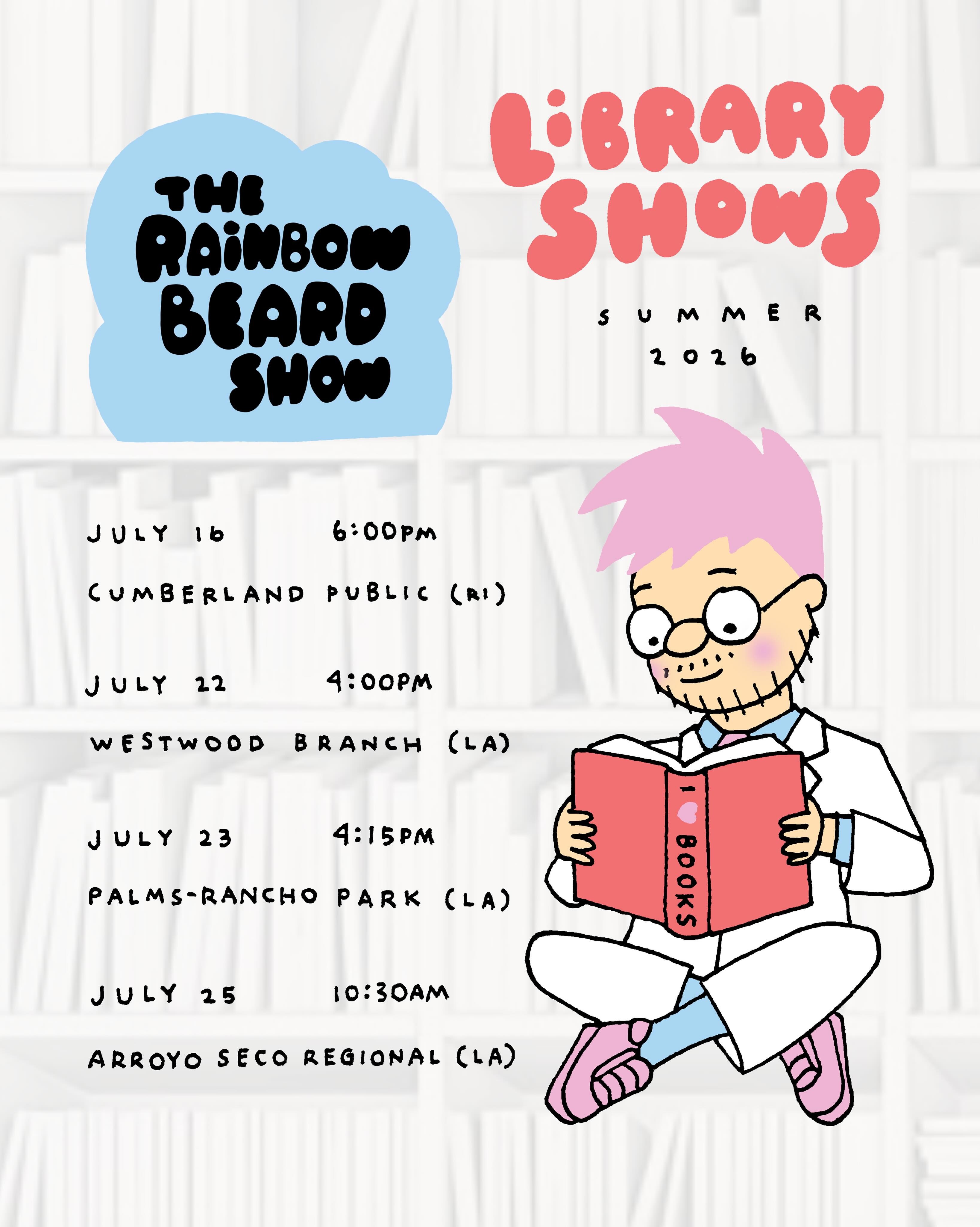 LIBRARY SHOWS THIS SUMMER! One in RI and the rest in LA! Thanks to @cumberlib @arroyosecolapl @westwoodlapl @palmsrancholapl for having us and @cosbrarian and the @lapubliclibrary for organizing! Hope to see you at one of these RI and LA friends!!!