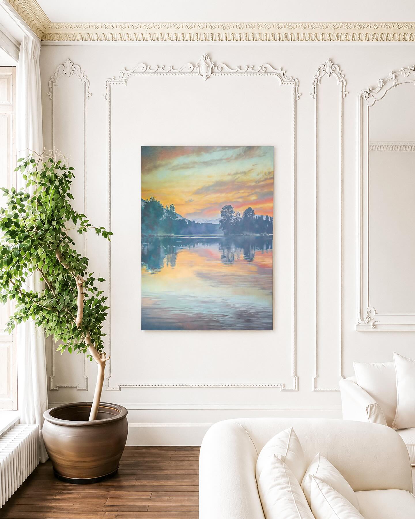 Martine Poppe’s ‘When we were here’ depicts a lake in the artist’s native Norway, near a former family home. Poppe has been returning to this refuge since 2013, despite it not being in the family anymore. Recently the artist’s brother rowed her round the lake until she captured the motifs she needed for this work. The painting depicts an hour just before midnight, the latest dusk.
Painted in translucent layers on polyester restoration fabric, the image appears as though it were surfacing slowly from within the canvas. Up close, the landscape fragments into gesture and shifting colour, Poppe describes how this effect for her feels like pixels, which provides a neat nod to her use of digital technologies in her process.
From a distance the painting coheres again into a scene of uncanny stillness. This oscillation between legibility and dissolution is central to Poppe’s practice.
The artist’s latest body of work confronts water directly. Water has been a subject Poppe feels she has been circling around in her practice for a long time. Thinking of liminal spaces, folkloric myths, life-giving properties, and sexual connotations around ideas of wetness. Liquid becomes a subtle language of arousal without slipping into stereotype or spectacle.
What is absent in Poppe’s paintings is just as integral as what is present. Poppe avoids depicting anything manmade or human. A ripple of sunlight across water is granted the same ontological weight as the absent human observer. Poppe questions the arbitrary hierarchy of importance society places on things.
‘When we were here’ can be considered from a post-anthropocentric position, where the landscape is not backdrop but participant where no single form claims supremacy over another.
Photography by @baterandstreet