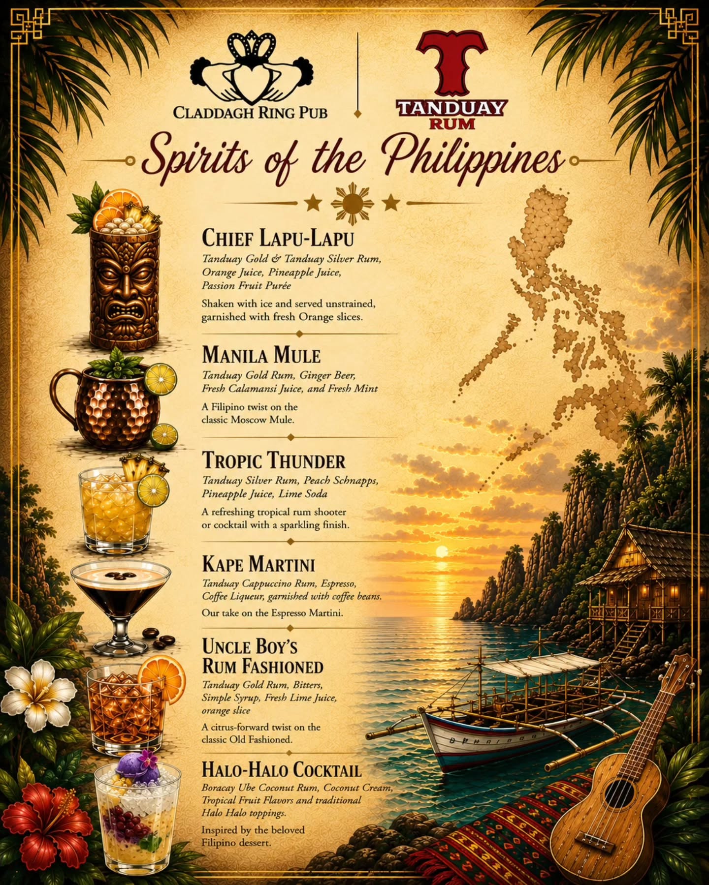 Raise a glass to a whole new flavor experience!
We're shaking things up at The Claddagh Ring Pub with a brand new Filipino-inspired cocktail menu that brings the vibrant taste of the tropics to your favorite local Irish spot
(Yes, we are Filipino Owned 🇵🇭)
Here's what's pouring:
-Chief Lapu Lapu - A bold tiki classic honoring a Filipino legend. This one packs a punch with @tanduayrum Asian Gold & Asian Silver, and a burst of tropical passion fruit and citrus.
-Manila Mule - Our twist on the classic mule, infused with Filipino flair. Expect that signature ginger kick with a tropical, island-inspired upgrade
-Halo Halo Cocktail - Inspired by the famous Filipino dessert. This stunner blends Boracay Ube Coconut rum, coconut cream, and tropical fruit flavors for a vibrant sip that's as delicious as it is beautiful.
Come taste the fusion of Irish warmth and Filipino sunshine. Mark those calendars for our 1st Tanduay Thursday of the summer! June 18th, 7pm. See you there!
@claddaghringpubchicago #claddaghringpub #filipino #cocktail #chieflapulapu #halohalo