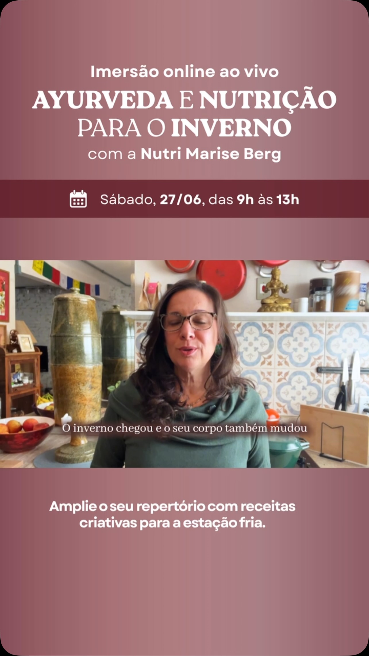 O frio chegou. ❄️
E o seu corpo provavelmente já percebeu.
Mais fome. Menos vontade de saladas e alimentos frios. Mais desejo por preparações quentes, densas e reconfortantes.
Mas será que sabemos adaptar a alimentação para acompanhar as necessidades dessa estação?
Na Imersão Ayurveda e Nutrição para o Inverno, vou compartilhar princípios simples e aplicáveis para planejar refeições mais adequadas ao clima frio, fortalecer a digestão e ampliar o repertório culinário com receitas inspiradas no Ayurveda.
Uma manhã de aprendizado, sabor e autocuidado para atravessar o inverno com mais vitalidade.
Sábado 27/06, das 9 às 13 h
🍲 Receitas em vídeo
🌿 Especiarias e alimentos da estação
🔥 Estratégias para fortalecer a digestão
🧘 Mindful Eating
💻 Encontro online e ao vivo
👉 Veja todos os detalhes no link da bio.