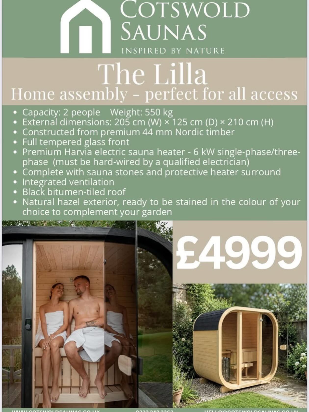 🚨 Limited Access? No Problem! 🚨
Dreaming of a sauna in your garden but worried about access? We’ve got the perfect solution!
🔥 Our beautifully crafted flat-pack garden sauna is designed for easy home assembly, making it ideal for properties with restricted access.
✅ Premium Nordic timber construction
✅ Stunning full glass front
✅ Harvia electric sauna heater included
✅ Perfect for year-round relaxation
🌿 Limited stock available and ready for immediate delivery!
Transform your garden into your own wellness retreat this summer.
📩 Message us today for more information or to reserve yours before they’re gone!