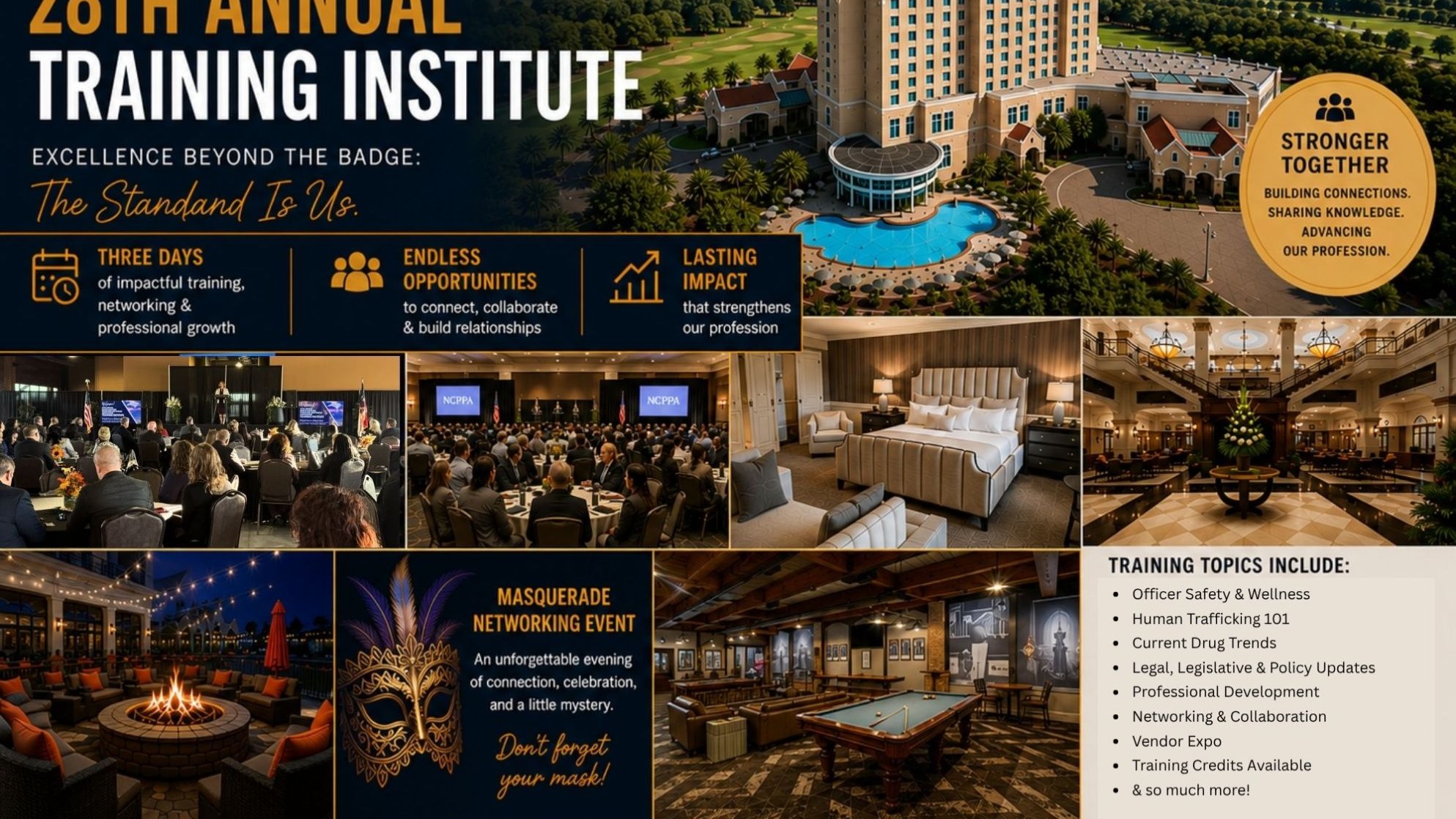 The wait is over... 👀
We're excited to give you a first look at the 2026 NCPPA Training Institute!
This year's Training Institute is shaping up to be an incredible experience, bringing together corrections professionals from across North Carolina for three days of professional development, networking, and collaboration.
Here's a glimpse of what attendees can look forward to:
✨ Engaging and relevant training sessions
🤝 Meaningful networking opportunities with peers from across the state
🎉 Two evening networking events, including our Welcome Social and our Masquerade Signature Networking Event, where attendees are invited to wear black attire and add a masquerade mask (optional) for an evening of great conversation, heavy hors d'oeuvres, music, a photo booth, and fun!
Whether you're attending for the training, the connections, or the opportunity to invest in your professional growth, the NCPPA Training Institute is an experience you won't want to miss.
📅 September 2–4, 2026
📍 Grandover Resort & Spa | Greensboro, NC
Registration is open now, and Early Bird pricing is available through July 1.
We can't wait to welcome both familiar faces and first-time attendees!
Visit our website for updates and schedule details on what to expect throughout the institute: www.ncppa.co
Register here: https://www.ncppa.co/event.../ncppa-28th-training-institute
#NCPPA #TrainingInstitute2026 #CommunitySupervision #ProfessionalDevelopment #Networking #NorthCarolina #APPA #Training