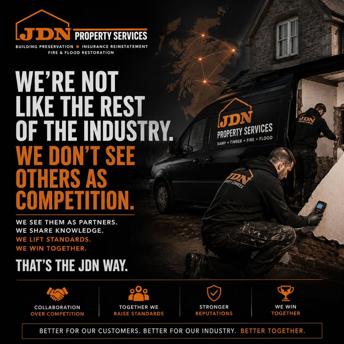 Some of you may have noticed that when you've called another well known company within our industry, it's often one of the JDN team who turns up on site.
Why?
Because we're trusted by other contractors to represent their business as if it were our own.
At JDN Property Services, we don't buy into the "dog eat dog" mentality. We believe there's room for good companies to work together, share knowledge, support one another, and raise standards across the industry.
Strong partnerships create better outcomes for customers, stronger reputations for everyone involved, and an industry we can all be proud to be part of.
Whether we're carrying out work directly for our own clients or on behalf of another trusted contractor, our approach remains exactly the same:
✔ Professional
✔ Reliable
✔ Honest
✔ Focused on doing the job right
Competition has its place, but collaboration builds something bigger.
Here's to working together, growing together, and winning together.
That's the JDN way!
#JDNPropertyServices #CollaborationOverCompetition #BuildingPreservation #InsuranceReinstatement #FireAndFloodRestoration
