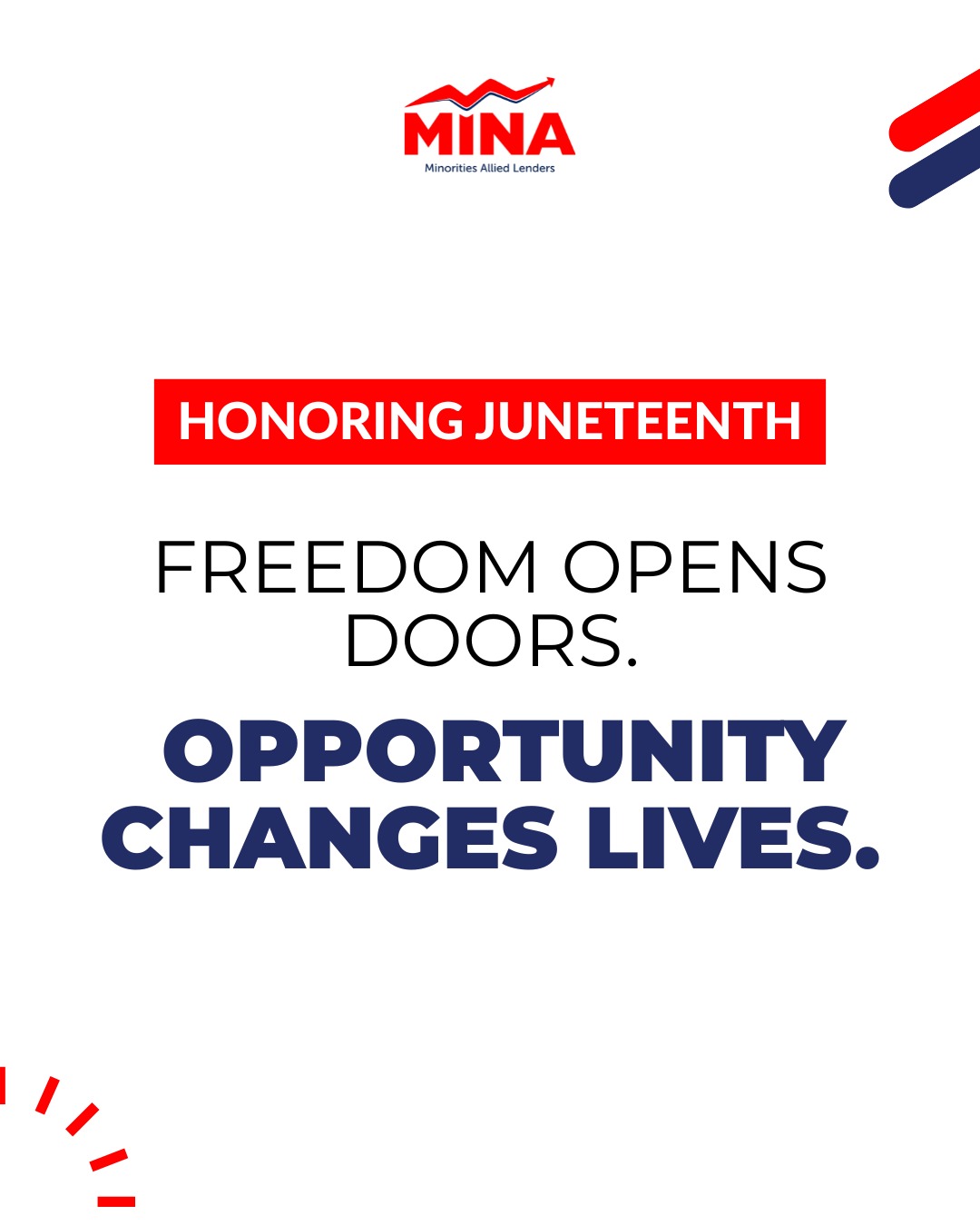 Hoy conmemoramos Juneteenth reafirmando nuestro compromiso con la libertad, la inclusión y la equidad.
En MINA, trabajamos para derribar barreras y generar oportunidades a través de la educación, el emprendimiento y el desarrollo económico. Impulsar el éxito individual es la clave para el progreso de nuestras comunidades.
Libertad • Oportunidad • Empoderamiento
-
Today, we commemorate Juneteenth by reaffirming our commitment to freedom, inclusion, and equity.
At MINA, we work to break down barriers and create opportunities through education, entrepreneurship, and economic development. Driving individual success is the key to collective progress.
Freedom • Opportunity • Empowerment
#MINA