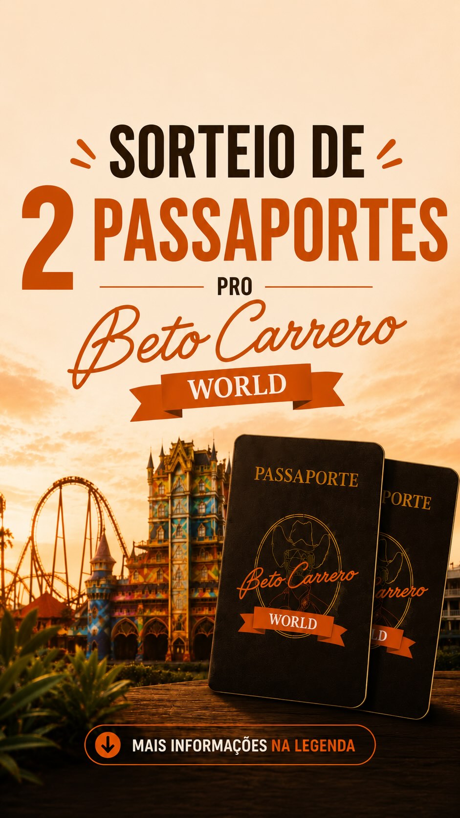🎉 A live do nosso último sorteio acabou de acontecer... mas temos uma novidade para quem não conseguiu participar!
🎢 Vamos sortear 2 PASSAPORTES PARA O BETO CARRERO WORLD!
Para concorrer, basta realizar sua reserva para julho ou agosto até o dia 03/07, data da nossa reabertura.
✨ Quanto antes você garantir sua hospedagem, mais perto estará da sua próxima aventura.
📲 Entre em contato e faça sua reserva agora!