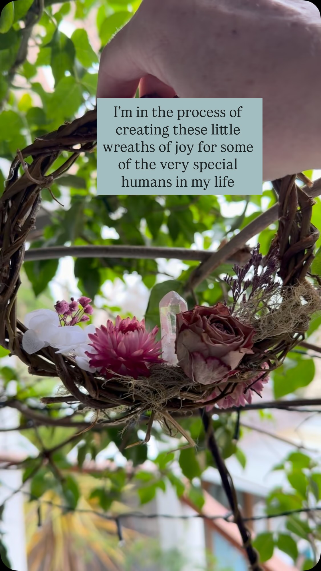 Over the years I have received so many sweet floral arrangements from friends and family. I always keep a little bit and dry it. This is made from an arrangement one my most sacred friends gave me way over a decade ago. I sent it to her in the mail as a surprise, infused with love, snippets of my own garden and clear quartz to amplify her beautiful light. It was wonderful to be speaking to her on the phone as she opened the package.
#theawenroom #makingmagichappen #spreadingsmiles #witchythings