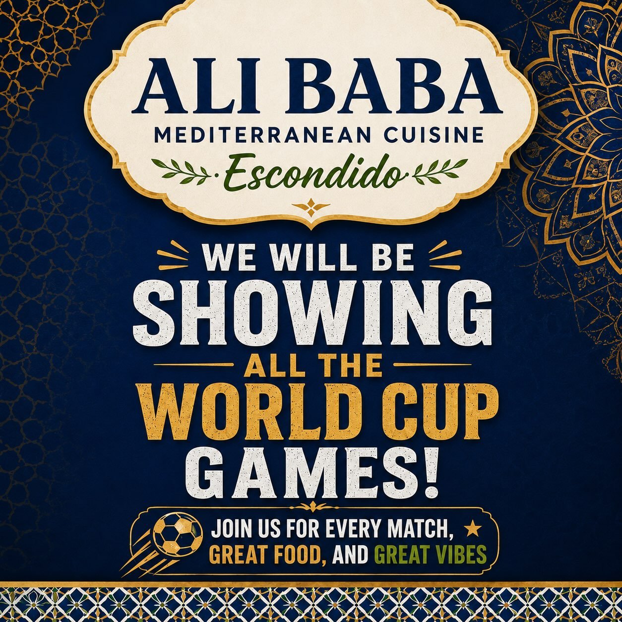 ⚽🌍 The World Cup is here—and we’re showing every game at Ali Baba Mediterranean Cuisine in Escondido!
Bring your friends, enjoy great Mediterranean food, and cheer on your favorite team with us. Great matches, great food, and great vibes all tournament long!
📍 Ali Baba Mediterranean Cuisine — Escondido
#WorldCup #WorldCup2026 #SoccerFans #EscondidoEats #EscondidoRestaurants MediterraneanFood AliBabaMediterranean WatchParty SanDiegoFoodies