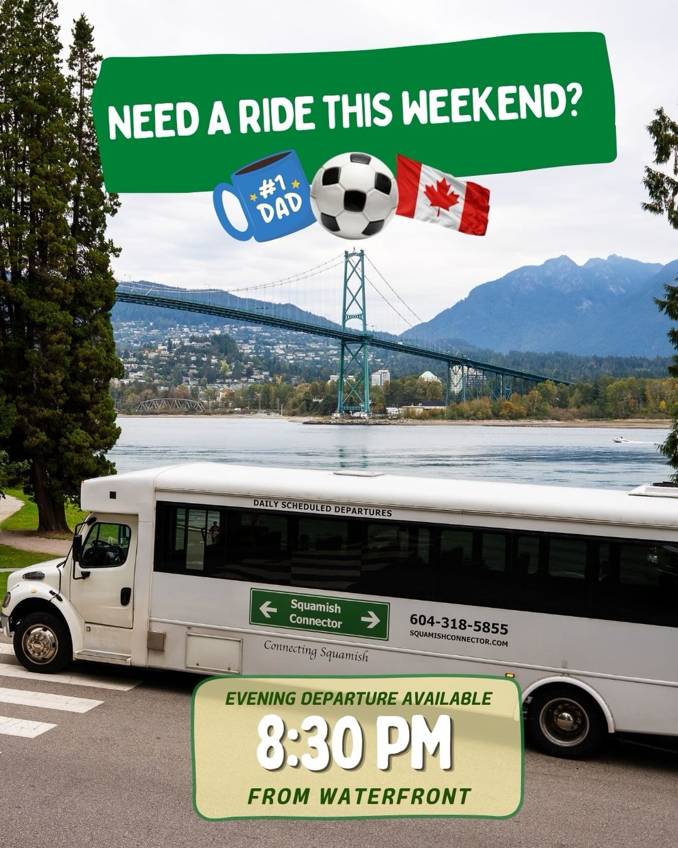 ⚽️🎉 Whether you’re celebrating Father’s day, Canada’s FIFA win, or both, we’ve got you covered this weekend!
Sit back, relax, and forget about parking costs or traffic headaches. With departure from Waterfront Station back to Squamish as late as 8:30pm, you can make the most of your day 🌙
We can’t wait to travel with you!
