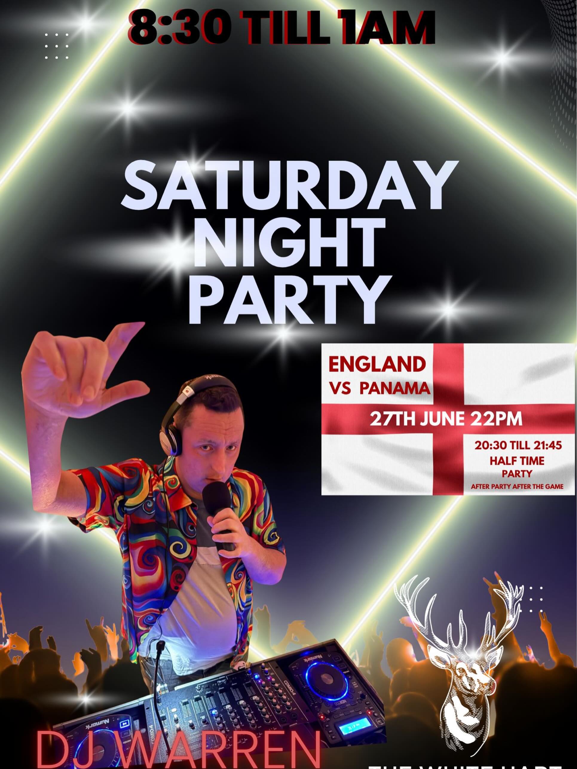 Dj Warren will be starting from 8:30 playing till 9:45 plastic will be served from 9:30pm
We will have a half time party then carry on with the game then party whatever the results are!!!! Join us don’t forget to book your table