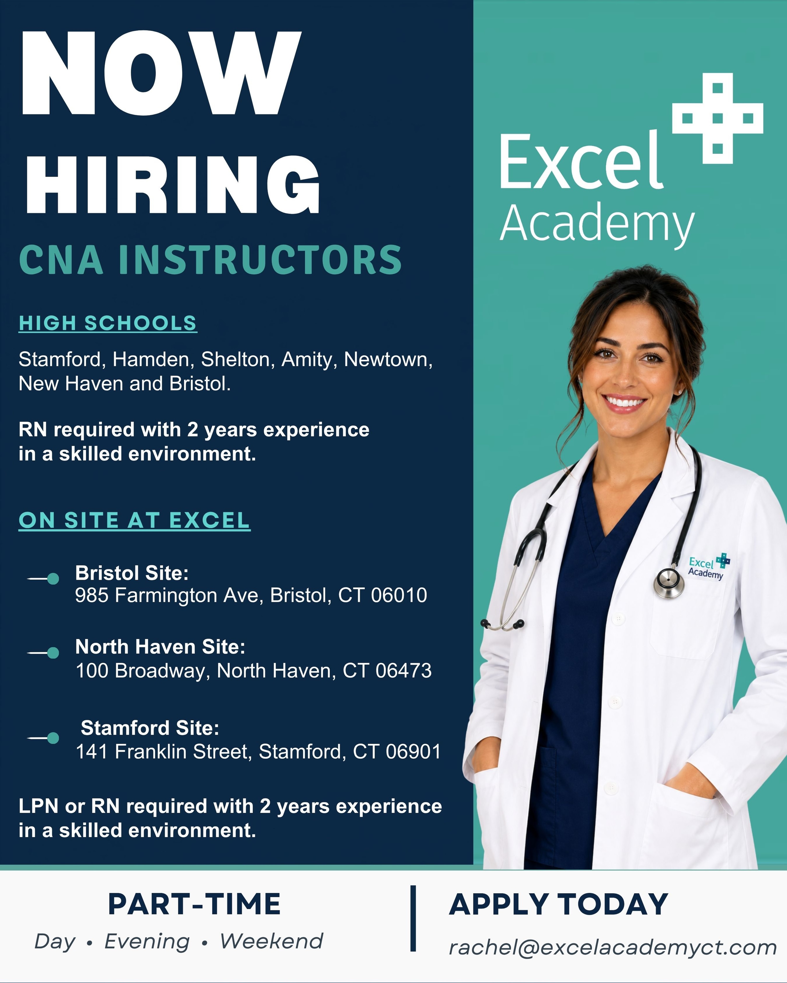 Excel Academy is Hiring CNA Instructors! 🚨
We’re growing and looking for passionate LPNs and RNs to join our team as part-time CNA instructors across Connecticut.
Join us in educating and mentoring future healthcare professionals while making a lasting impact on students entering the field.
✔ Day, evening, and weekend opportunities available
✔ Part-time positions
✔ LPN or RN with at least 2 years of skilled nursing experience required
If you’re passionate about healthcare and enjoy mentoring others, we’d love to hear from you.
📧 Apply today: rachel@excelacademyct.com
Tag a nurse who would be a great fit!
#excelacademy #nowhiring #cnainstructor #registerednurse #lpn