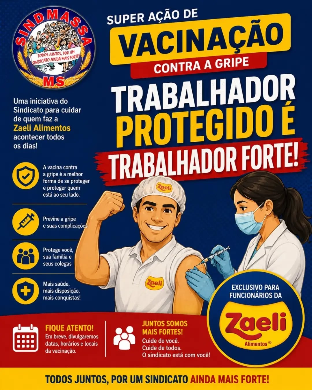 Trabalhador protegido é trabalhador forte! 🤝
Em Mundo Novo, o SINDMASSA MS não para!
Hoje está acontecendo uma super ação de vacinação contra a gripe voltada especialmente para os funcionários da Zaeli Alimentos.
Nosso diretor responsável, Wilson Barros, esteve acompanhando tudo de perto para garantir que a nossa categoria tenha acesso prioritário à saúde e à prevenção neste inverno.
Sabemos que cuidar da saúde de cada trabalhador da indústria da alimentação é o nosso papel principal. Por isso, essa ação ganha ainda mais força com a parceria da Plus Saúde Card @plussaudecard , que disponibilizou profissionais qualificados para realizar a imunização de forma rápida e segura diretamente na empresa. 🛡️❤️
O SINDMASSA MS segue firme na luta por direitos, por melhores condições de trabalho e, acima de tudo, pela vida e saúde de cada um de vocês.
Se vacine, exerça esse ato de cuidado e vamos juntos avançar!
#SindmassasMS #TrabalhadorImunizado #Zaeli #MundoNovo #SindicatoForte PlusSaudeCard VacinaGripe SaudeNaIndustria WilsonBarros