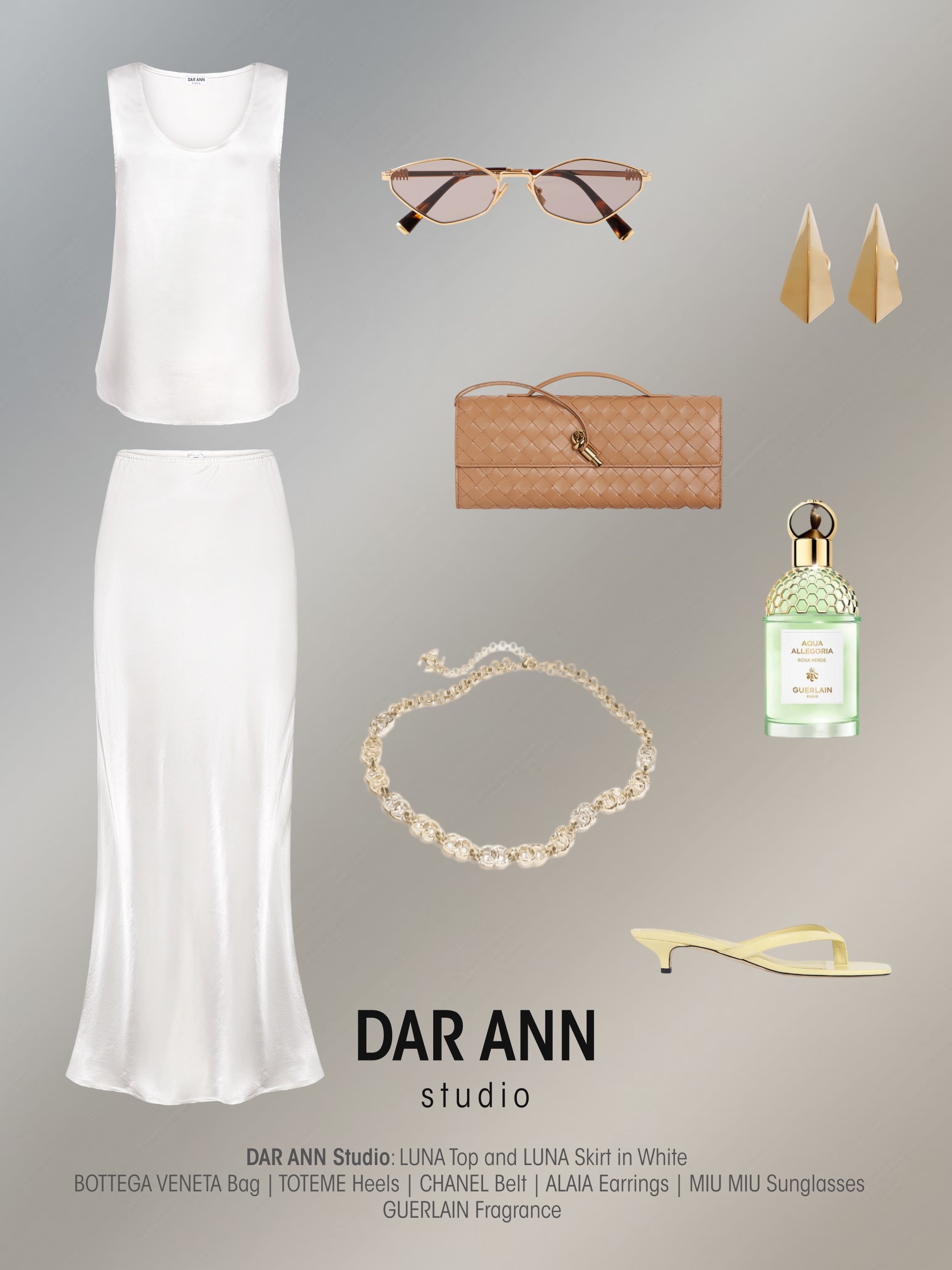 High-summer survival kit ⚡
.
Shop LUNA Skirt and LUNA Top in White at www.darann.com