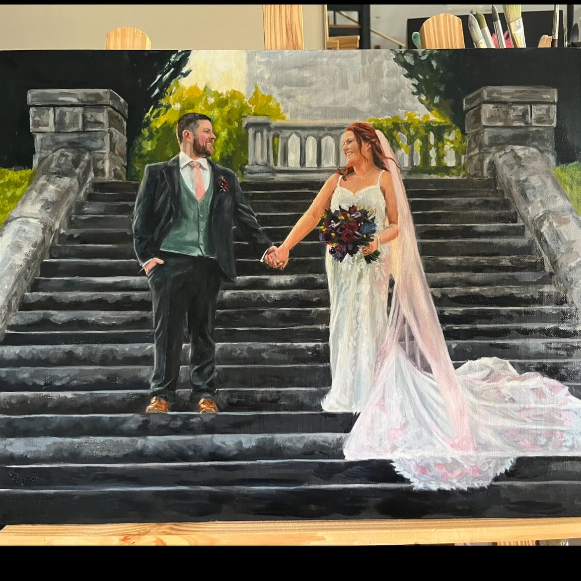 Róisín and Chris ✨
This piece is currently at the framers- Cant wait to get my hands on it next week. I LOVE the pink throughout Róisín’s veil- really unique, not something I have seen before.
Róisín and Chris are such a lovely couple. I have been so lucky to have worked with them over the past two years creating different pieces for their wedding- welcome signage, live wedding painting and of course their newlyweds oil painting!
#weddingportrait #newlywedspainting #weddingportraitartist