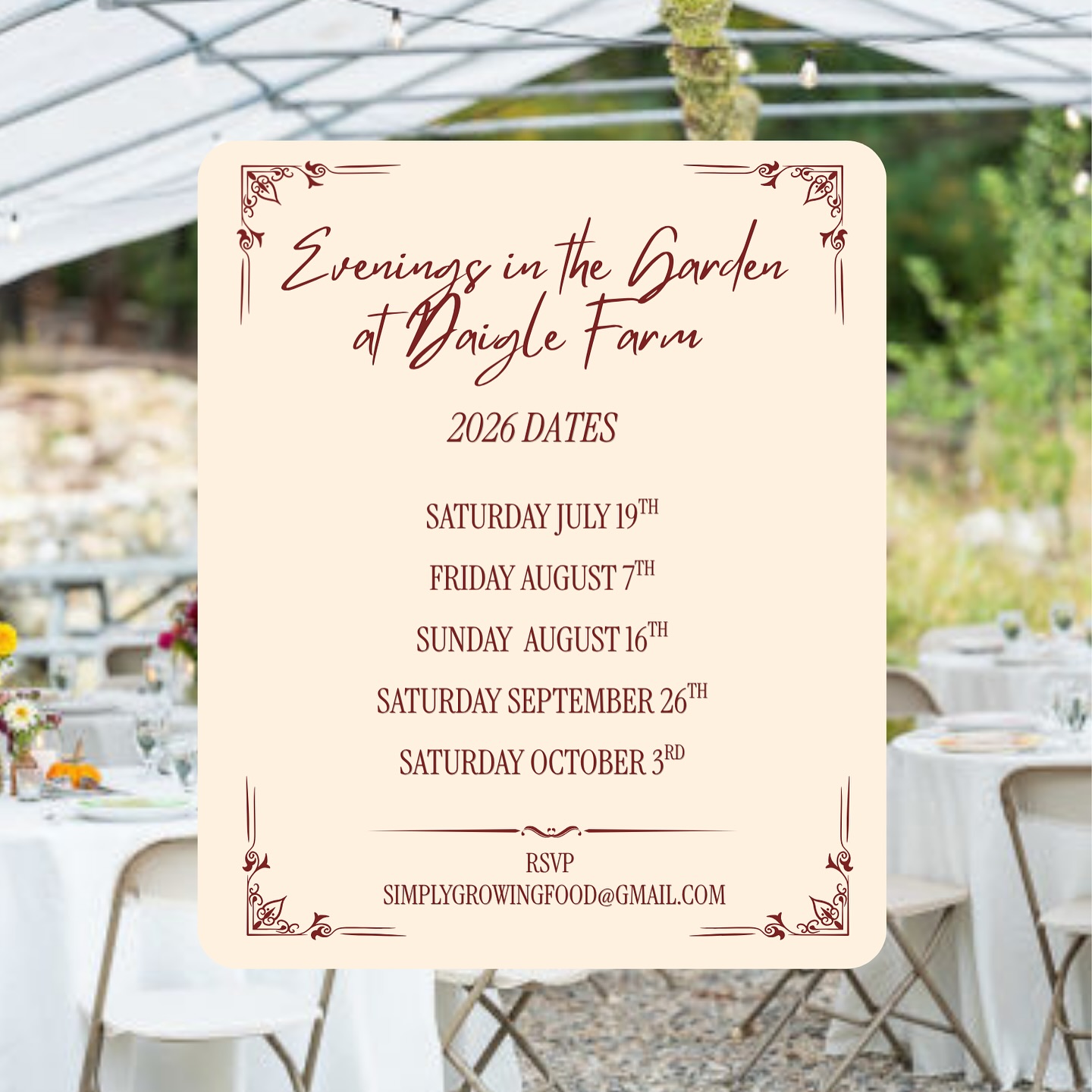 ATTENTION ATTENTION! We're proud to introduce our 2026 Evenings in the Garden series, featuring our seasonal garden harvests, farm-raised meats, and artisanal handmade sweets, all complemented by other locally sourced ingredients to make a magical, true Farm-to-Table 3 course meal series.
Going on 8 years of bootstrap building our first-generation farm from the ground up, we're eager to continue welcoming you to our slice of paradise to share the fruits of our labor, or as we like to call it Simply Growing Food.
We look forward to feeding you!