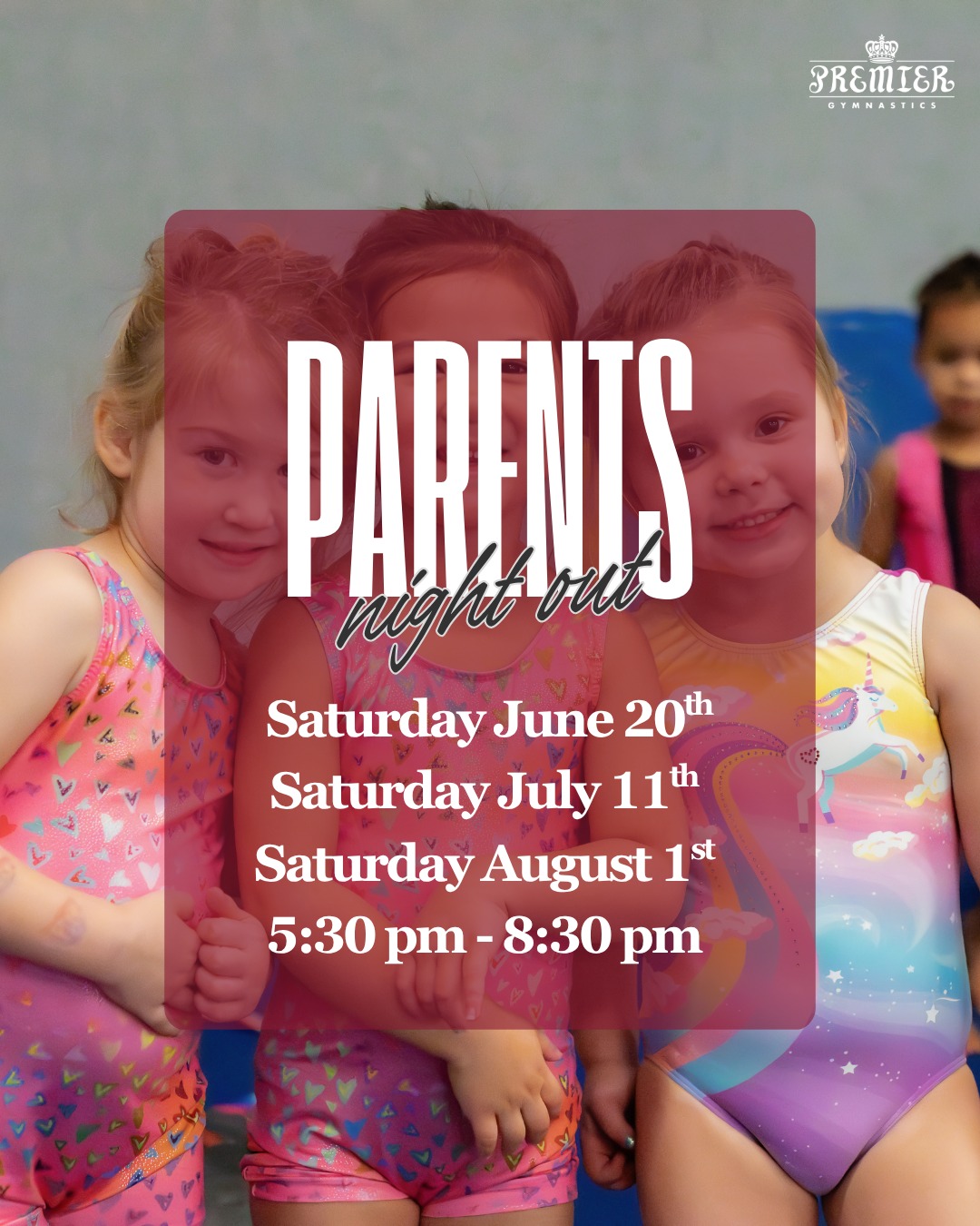🌟 SUMMER PARENTS NIGHT OUT 🌟
Give yourself a night off — you’ve earned it! 🎉
Join us for our Summer Parents Night Out at Premier Gymnastics where kids will enjoy an evening full of gymnastics, games, crafts, pizza, and FUN while parents enjoy a well-deserved break!
📅 Dates:
Friday, June 20
Friday, July 11
Friday, August 1
⏰ 5:30 PM – 8:30 PM
👦 Ages 5–12
💲 $50 per child
🥤 Please bring your own water
🎉 Includes:
🍕 Pizza dinner
🤸 Gymnastics activities
🎨 Crafts
🎯 Games & group activities
👥 Supervised by Premier staff
⚠️ Open to everyone — limited spots available (40 kids per event)! Spots will fill quickly!
We can’t wait for a summer full of fun! 🩷
#ParentsNightOut #PremierGymnastics #KidsNightOut #TampaKidsActivities #WesleyChapelMoms
