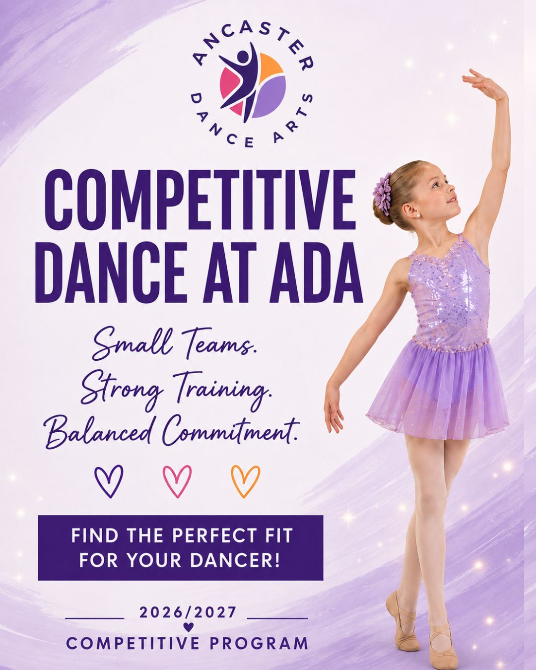✨ COMPETITIVE TEAM AUDITIONS ARE THIS MONDAY! ✨
Looking for a competitive dance program that focuses on strong technique, confidence, teamwork, and balanced commitment? At Ancaster Dance Arts, our dancers receive personalized attention through small team sizes, age-appropriate training, and a supportive environment where every dancer can thrive. 💜🩷🧡
🏆 2026/2027 Competitive Team Auditions
📅 Monday, June 22, 2026
Whether your dancer is new to competitive dance or looking for a studio that values growth, confidence, and community, we'd love to meet you!
✨ Small Teams
✨ Strong Training
✨ Local Competitions
✨ Supportive Dance Family
✨ Balanced Schedules
Can't make the audition date? No problem! We are happy to arrange a private assessment at a time that works for your family. Just send us a message and we'll be in touch.
💜 We would love to welcome your dancer to the ADA Competitive Team!
📧 ancasterdancearts@gmail.com
🌐 ancasterdancearts.ca
#AncasterDanceArts #CompetitiveDance #DanceAuditions #HamiltonDance #AncasterDance