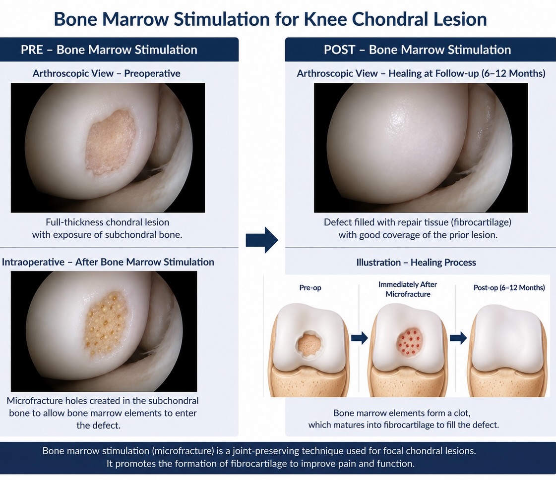 ‘Bone Marrow Stimulation’ for Cartilage Damage 🦵🏼
- Bone marrow stimulation or Microfracture is a minimally invasive arthroscopic procedure used to treat chronic small areas (<2cm) of cartilage damage in the knee joint.
- During surgery, the defective area is cleared off any loose tissue bits & tiny holes are made in the bone beneath the damaged cartilage.
- This releases the bone maarow into the defect. The stem cells present in the marrow form a new repair tissue.
- Although the newly formed tissue is a fibrocartilage as opposed to the original hyaline cartilage, it serves as a better cushion than the bare bone & relieves the pain.
- The procedure aims to reduce the constant pain, improve knee function and help patients return to daily activities .
- It is one of the simplest procedures for a small cartilage lesion with more predictable outcomes than many newer fancy options. If the lesion is bigger, there are better treatment options available.
#knee #cartilage #kneearthroscopy #kneepreservation #arthrosports