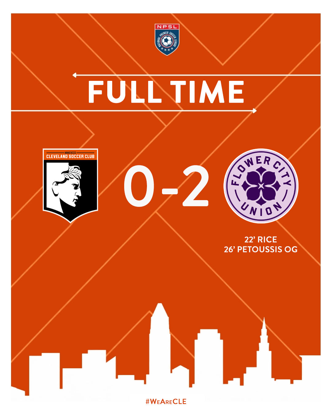 Full-time George Finnie Stadium. Heart breaking result for the boys.
Cleveland SC loses a hard-fought battle to Flower City.
We will see you next Wednesday at George Finnie Stadium when your Cleveland SC plays Rochester NY FC.
#WeAreCLE