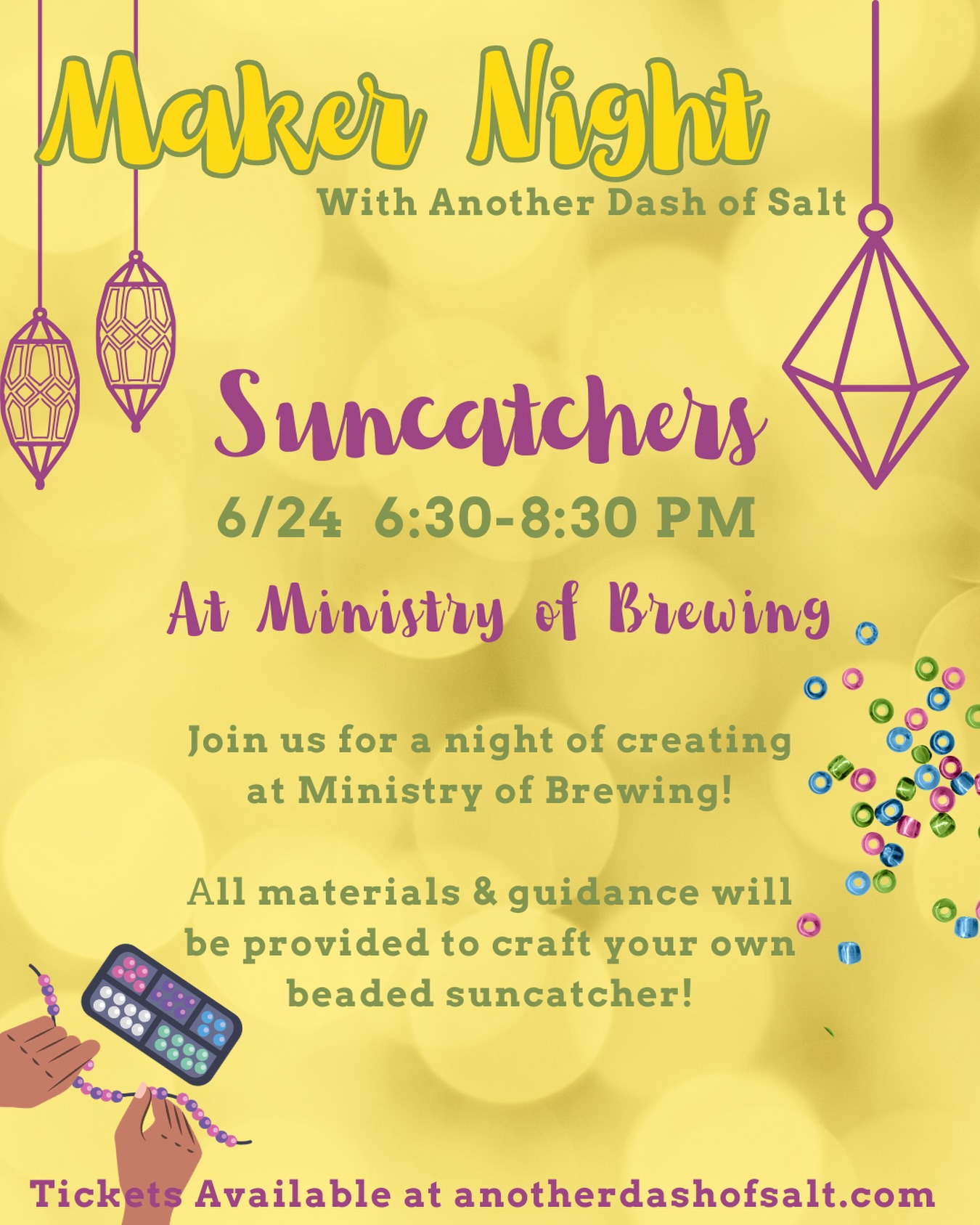 Next week!
Join us for a night of creating @ministryofbrewing 6/24 6:30-8:30! All materials will be provided to craft a personalized beaded suncatcher for your space! ☀️
☀️Tickets available at the link in my bio!☀️
#thingstodoinbaltimore #makernight #baltimorebrewery #baltimoremakers #baltimoreevents