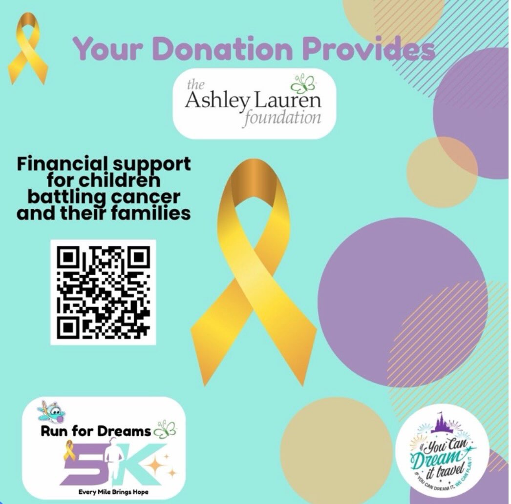 YOUR DONATION PROVIDES... FINANCIAL RESOURCES 💛🏠
When a child is battling cancer, families should be focused on healing-not worrying about how they’ll cover everyday expenses.
Your donation helps provide financial resources that ease some of the burdens families face during treatment and recovery. 🤝
By helping relieve financial stress, you’re giving families the opportunity to focus on what matters most: spending precious time together and supporting their child’s journey. ❤️
Every gift makes a meaningful difference. 💛✨
https://runfordreams5k.eventbrite.com/
#YourDonationProvides #EveryMileBringsHope #MakeADifference #runfordreams5k #AshleyLaurenFoundation IfYouCanDreamItTravel childhoodcancerawareness runforgoldinseptember runforgold