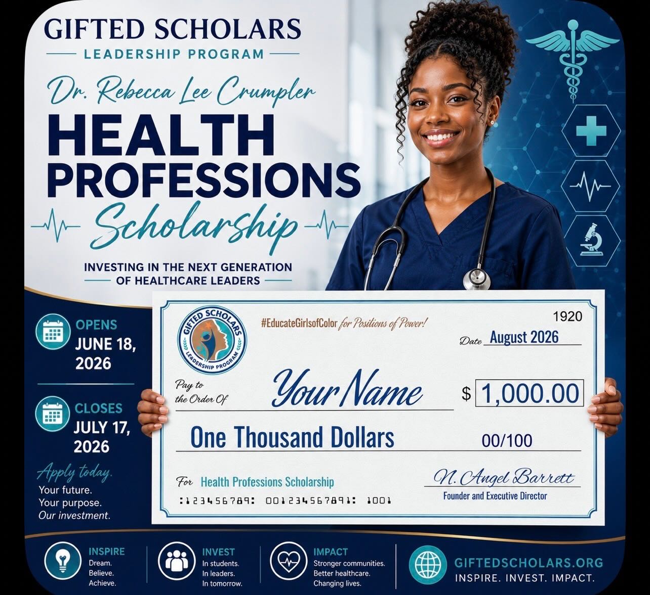 ๐ฉบ Scholarships totaling $2000 are Available!
Applications are now open for the Dr. Rebecca Lee Crumpler Health Professions Scholarship!
๐ธ๐พFor female college students pursuing healthcare and health-related professions.
๐ฅ Dr. Rebecca Lee Crumpler was the first African American woman to earn a medical degree in the United States. She dedicated her life to serving underserved communities.
๐
Deadline to Apply: July 17, 2026
โ๐พ Winners announced in August
๐Apply today using the link in our bio and share with a student who may qualify! Check giftedscholars.org for eligibility requirements.
#physicians #physicaltherapists #HealthcareCareers