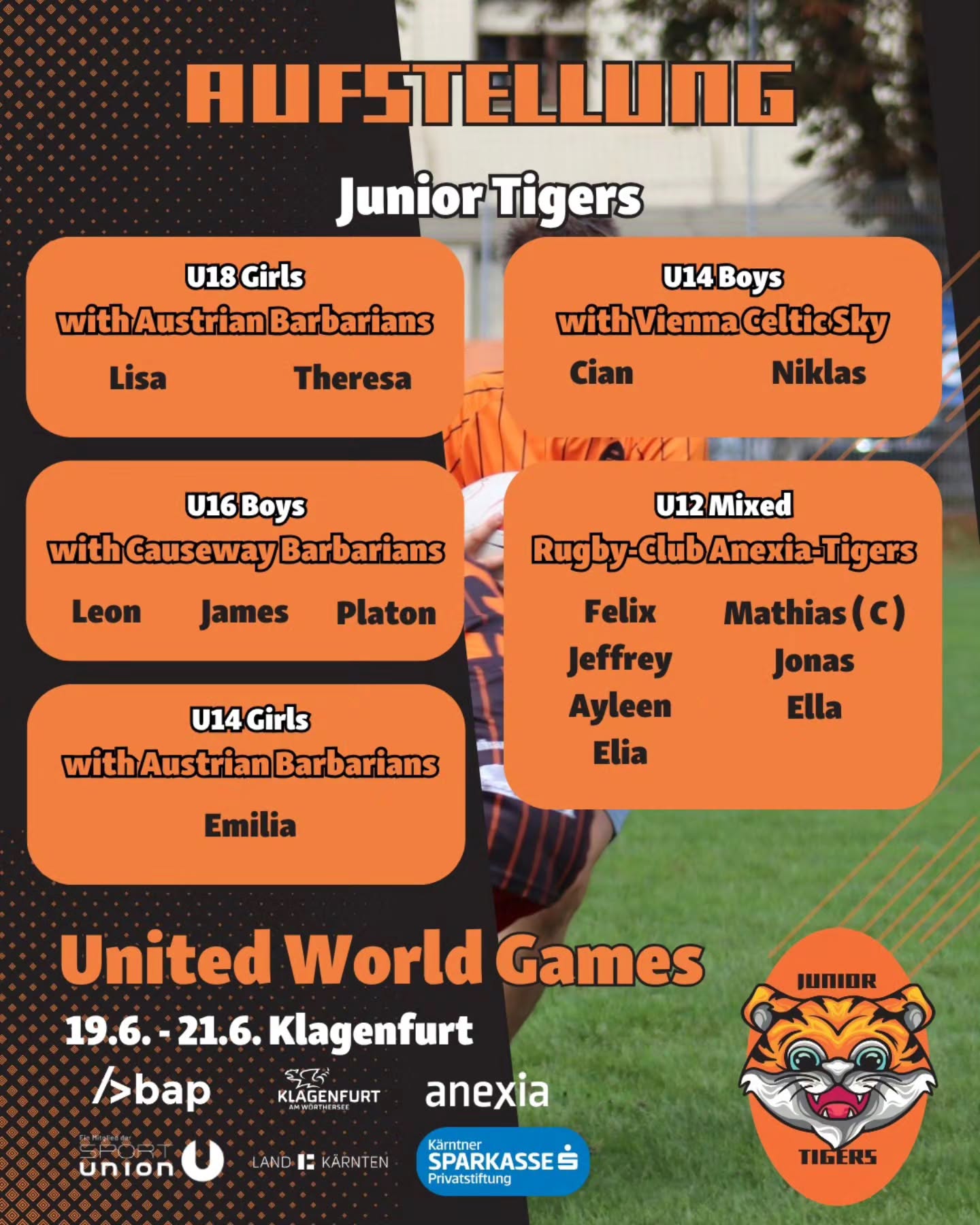 Die Tigers sind bereit für die @unitedworldgames
Wer sich das Spektakel ansehen will - am Koschatplatz bei freiem Eintritt geht es rund mit den Mädchen und Burschen der U16 und U18! Die Tigers bieten Gegrillted und kühle Getränke an.
#RugbyMädchen #RugbyAustria #rugby