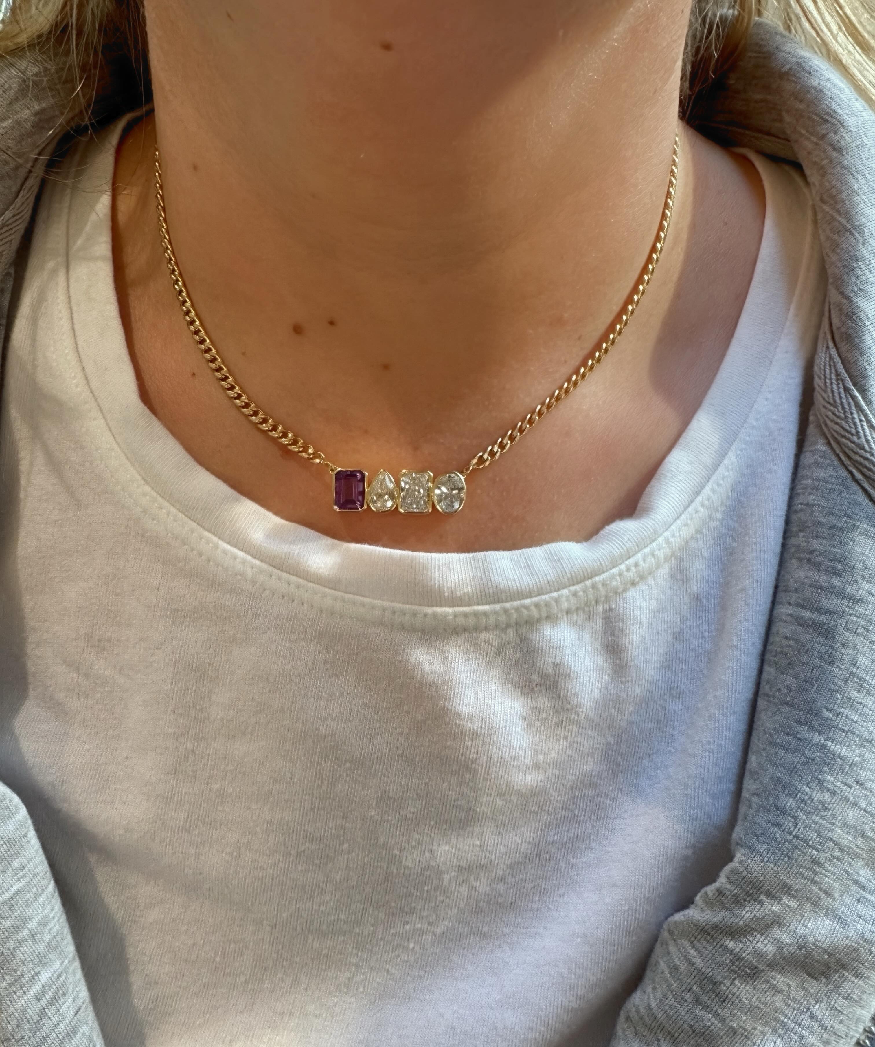 4 stone necklace with 3 different shaped diamonds and an amethyst to represent my client’s leap year baby 💜