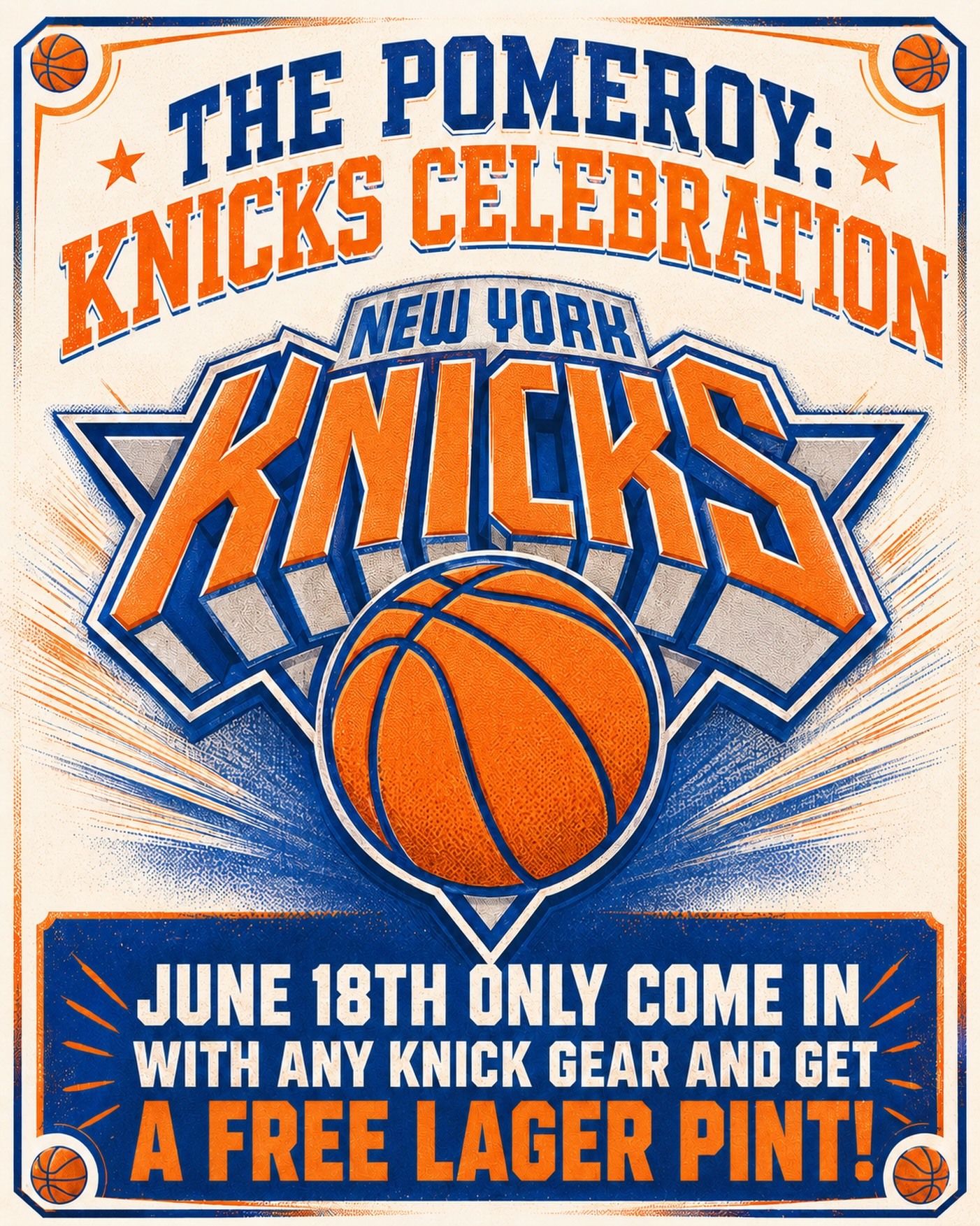 Knicks gear gets you a pint on us. 🏀🍺
Pull up to The Pomeroy tomorrow June 18th wearing any Knicks gear and get a free lager pint, with the purchase of a food item.
Because supporting New York should come with a cold one.
📍 The Pomeroy, Astoria
🍺 June 18th only
🏀 Knicks gear required