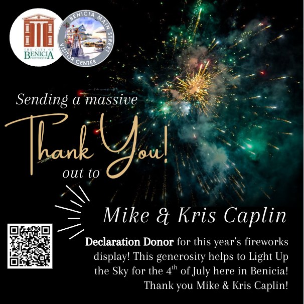 Help LIGHT UP THE SKY this 4th of July! 🎆 Benicia, we’re raising funds right now to bring back the 2026 4th of July fireworks show—and to celebrate 250 years of American independence in a big way! 🇺🇸
- On July 3rd, Benicia Main Street will once again host our beloved Torchlight Parade.
- On July 4th, with your help, we’ll fill the waterfront sky with fireworks for the whole community to enjoy.
Our goal: $50,000
This covers the fireworks display, plus essentials like cleanup, portable restrooms, and equipment rentals.
HOW YOU CAN HELP:
💳 Donate as an individual or business—every dollar counts.
⭐ Become a Sponsor (from $100 up to $10,000) and enjoy perks like:
- Name & logo recognition
- Parade banner visibility
- Prime-viewing seats for the fireworks
- An exclusive pre-fireworks reception
👥 OR Form a KaBOOM! Fundraising Team
Teams can be local businesses, community groups, neighbors, or friends & family. Raise funds, send us your best fun “smack talk”, and we’ll share highlights on social for extra buzz!
- Top 3 teams win PRIME-VIEWING SEATS + PRE-FIREWORKS RECEPTION
🔗 DONATE OR REGISTER YOUR TEAM TODAY at BeniciaMainStreet.org (under "Events") or give in person at our clear collection box:
- Benicia Main Street Visitor Center
- Benicia Certified Market, Thursdays starting April 30, 2026
Let's come together to light up Benicia's sky & spirit for America’s 250th! ✨ Link in bio
#LightUpTheBeniciaSky #BeniciaFireworks #BeniciaCommunity