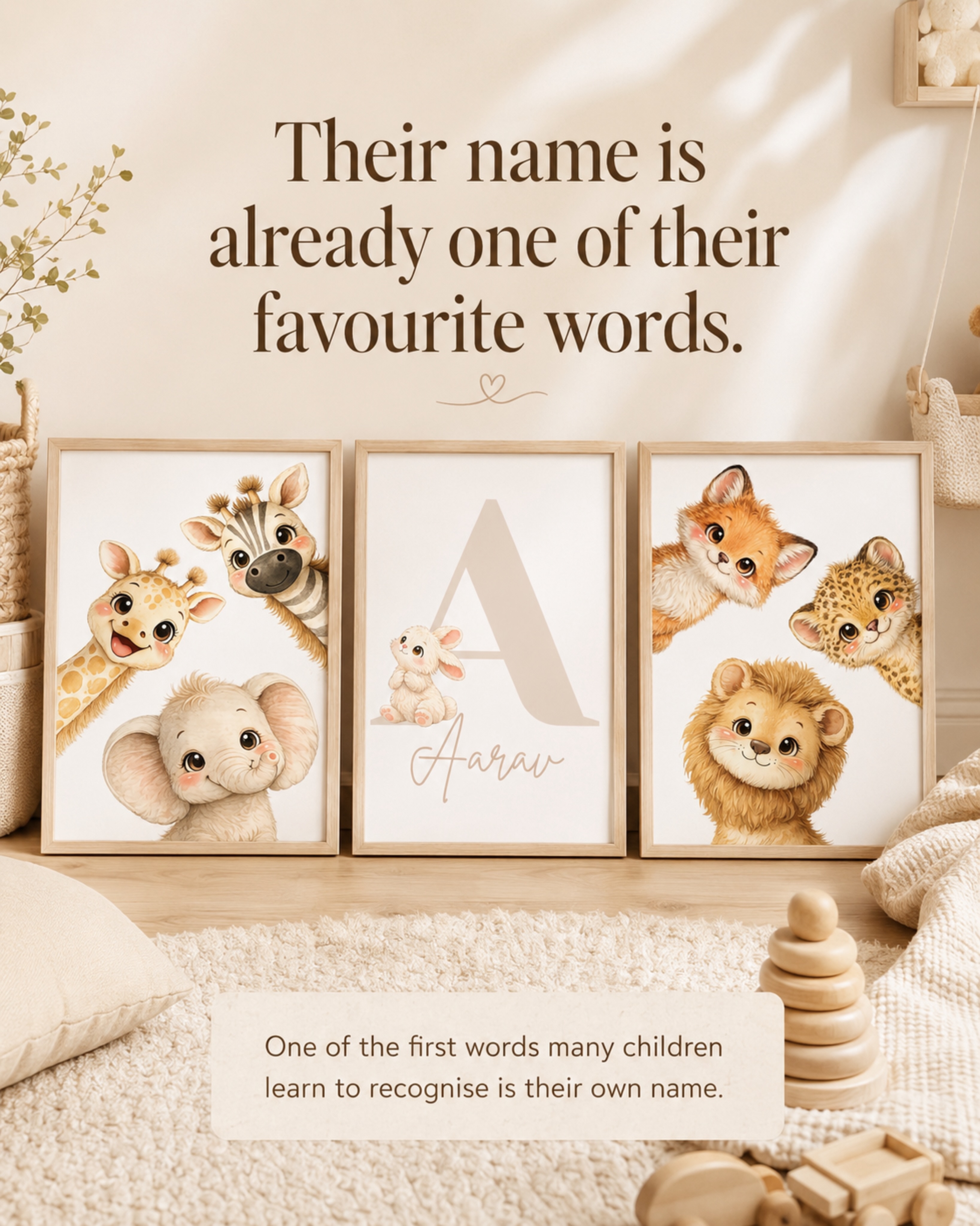 Their name is already one of their favourite words.
Long before they can read, a child’s own name is one of the first things they learn to recognise. Research suggests babies become sensitive to the sound of their name in early infancy, and that the letters of their name often become an early anchor as print skills emerge.
So we made the name the heart of the art. Woven into a little safari, a quiet woodland, a world that belongs to no other child.
Not decoration. The first word they will know on their wall.
Send us your child’s name and we will turn it into a personalised set for their room. Tap the link in our bio.
www.flippytales.in
#personalisedgifts #nurserywallart #babynamegift #kidsroomdecor #flippytales
