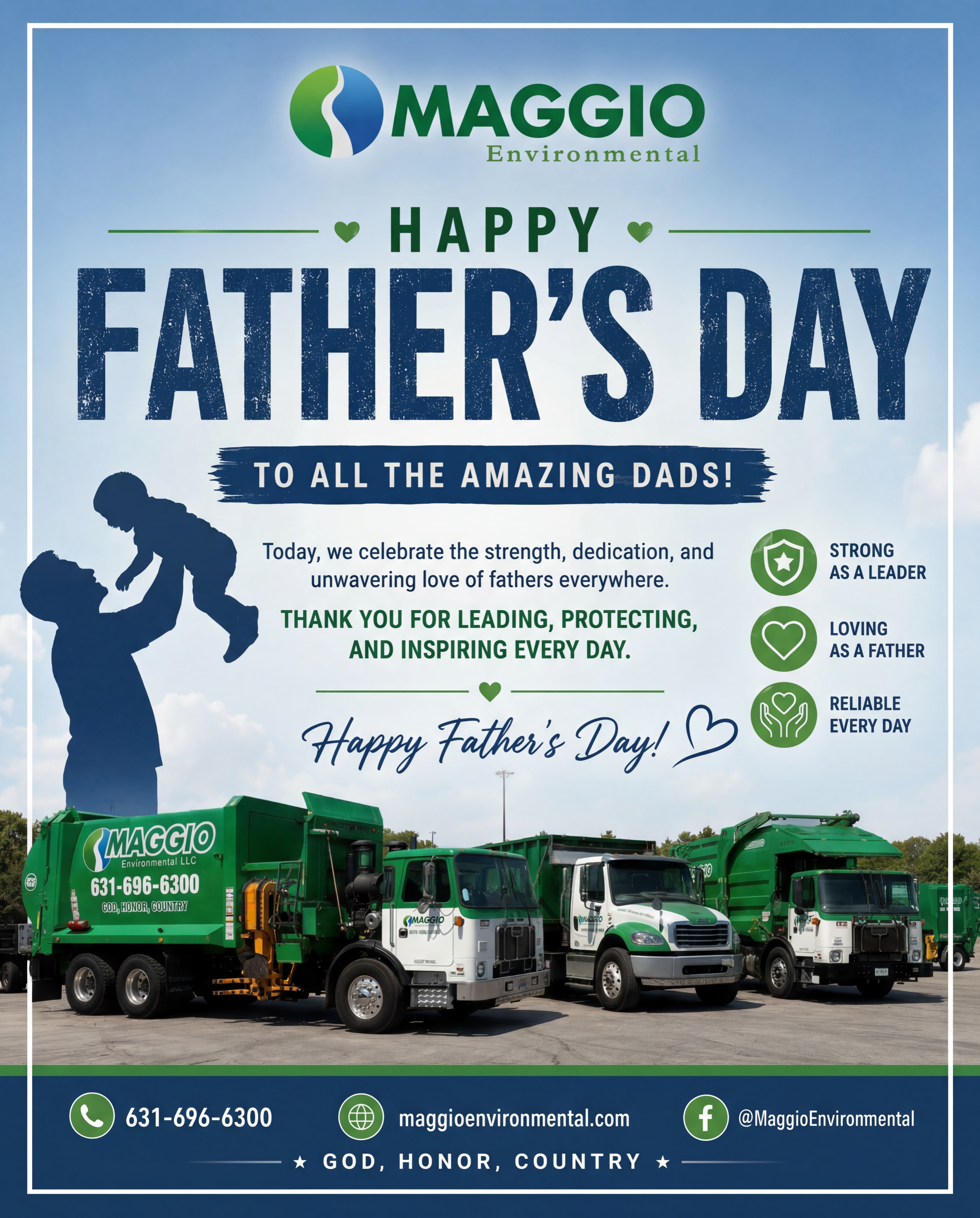 Happy Father’s Day from all of us at Maggio Environmental! 💚
Today, we celebrate the hardworking fathers, grandfathers, stepfathers, and father figures who lead by example, work tirelessly for their families, and inspire those around them every day.
Whether you’re on the road, on the job, or enjoying time with loved ones, we thank you for your dedication, strength, and commitment.
Wishing all the amazing dads in our community a happy, healthy, and well-deserved Father’s Day!
#HappyFathersDay #MaggioEnvironmental #LongIslandStrong #FamilyFirst #GodHonorCountry