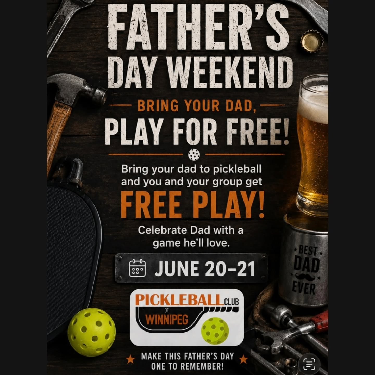 Join us this weekend for some pickleball action with Dad!
Bring him in and the booking is free.
Call the front desk at 431-430-1210 to book your court!!!
Tag your dad to get some passes for future play too!!
Pickleball Club of Winnipeg
20-500 Caron Road