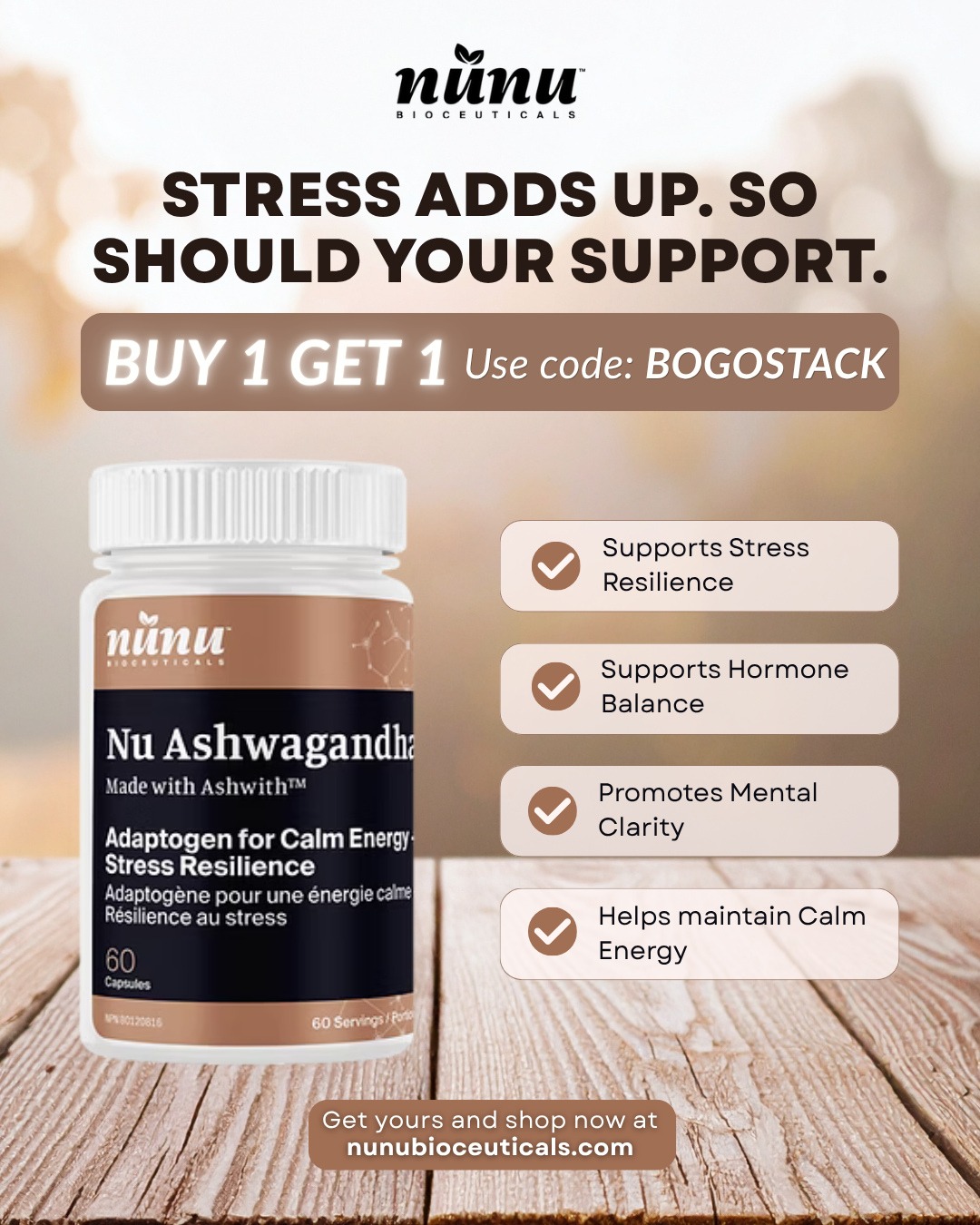 Showing up as your best self starts with supporting what’s within. 🤎
This Men's Mental Health Month, take a proactive approach to your well-being with NU Ashwagandha, powered by patented Ashwith™.
Designed to support stress resilience, mental clarity, hormone balance, and calm energy, it's a simple way to help support both mind and body through life's daily demands.
✔ Supports stress resilience
✔ Supports hormone balance
✔ Promotes mental clarity
✔ Helps maintain calm energy
As part of this initiative, a portion of proceeds from every featured Triple Stack purchase will be donated to a chosen men's mental health organization, helping support awareness and access to mental health resources.
🎉 BUY 1, GET 1 FREE
🎟 Use code BOGOSTACK upon checkout
🛒 Shop now via LINK IN BIO.
#nunubioceuticals #nuashwagandha #mensmentalhealthmonth #stresssupport #mentalclarity #hormonebalance #dailywellness #ashwith
