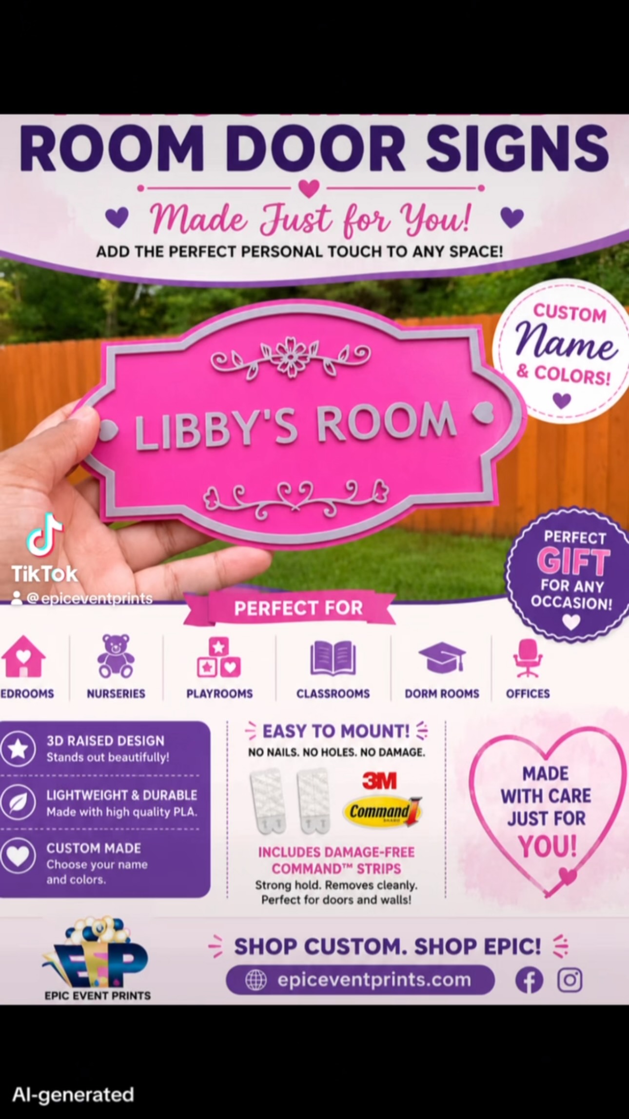 ✨ NEW PRODUCT ALERT ✨
Make any room feel extra special with a custom 3D printed room door sign! 💖
Personalized with the name of your choice and made in your favorite colors, these signs are perfect for bedrooms, nurseries, playrooms, dorm rooms, classrooms, and more.
✨ Custom Name
✨ Custom Colors
✨ Raised 3D Design
✨ Made to Order
Who needs one of these for their room? 👇
🌐 Tap the link in bio to shop.
#PersonalizedGifts #RoomDecor #CustomMade #3DPrinting #SmallBusiness
